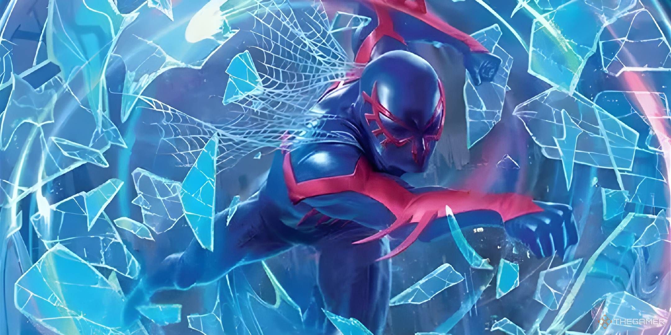 Spider-Man 2099 bursts through a blue glass panel.