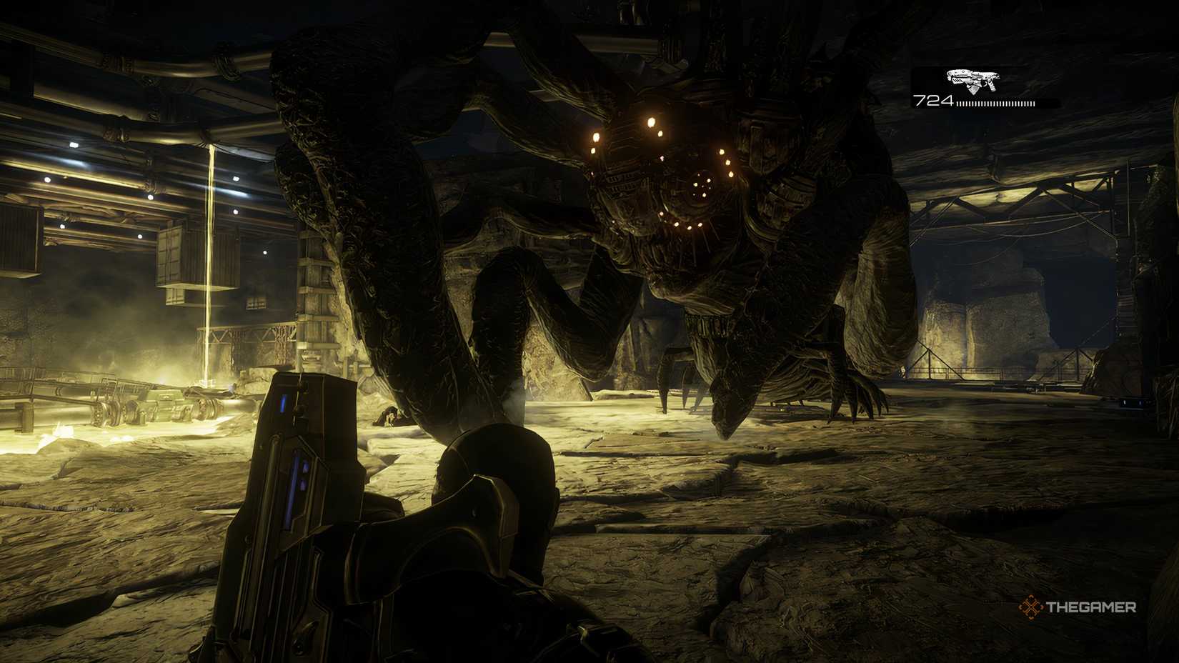 The player looking at the Corpser in Gears of War: Reloaded with the creature showing its face to the player. 