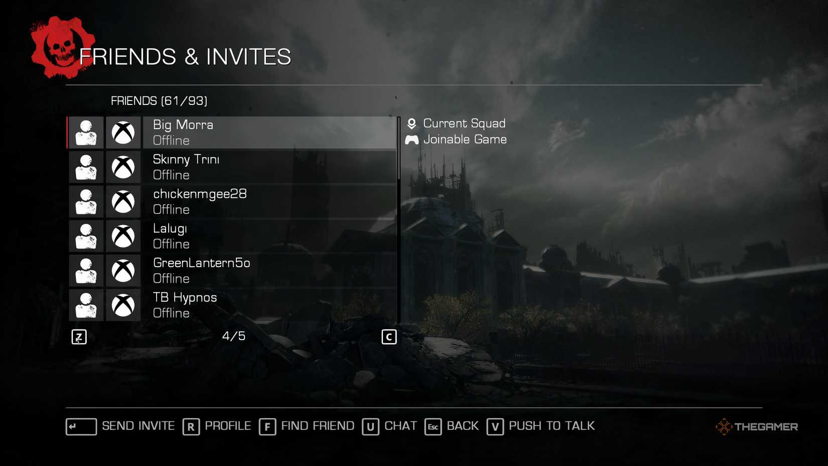 The player's friend list selected in Gears of War: Reloaded showing which friend has an account with Microsoft. 