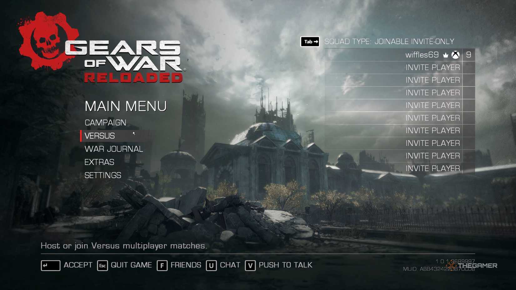 The Gears of War: Reloaded main menu with the Versus option selected. 