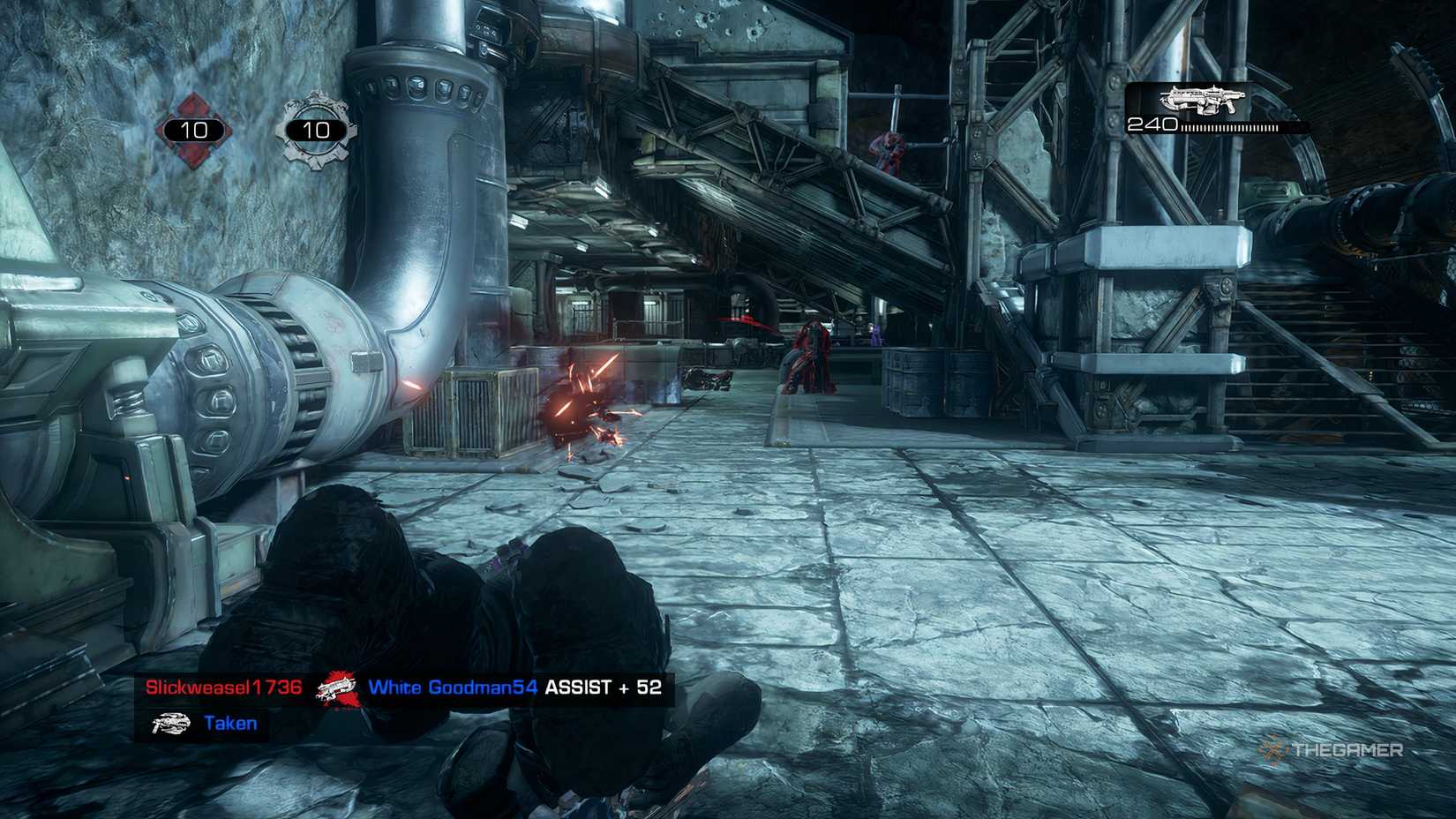 The player in the middle of a dodge with another player shooting at them in Gears of War: Reloaded. 
