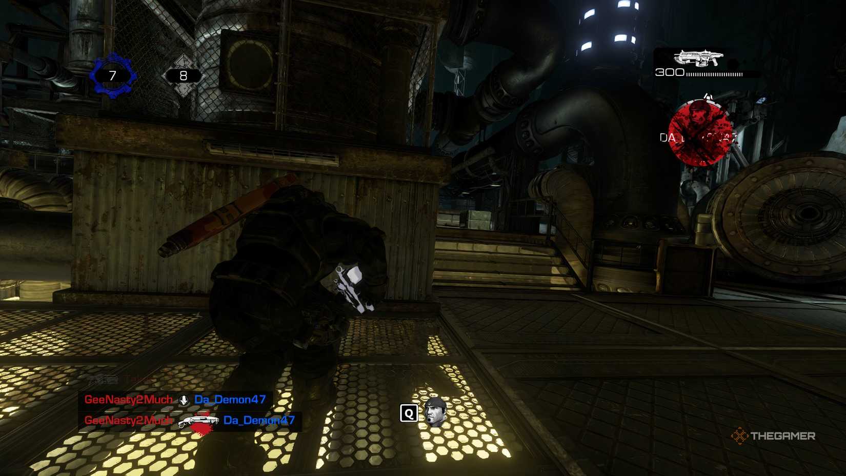 The player running towards an opening in Gears of War: Reloaded. On the top right, an indicator shows a player has been killed. 