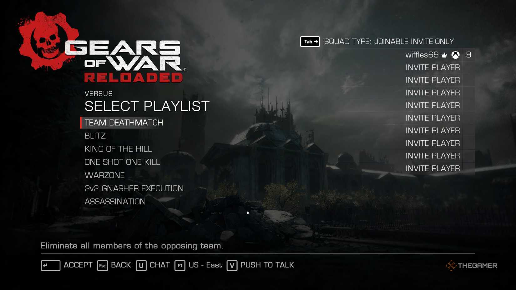 In the Gears of War: Reloaded Social Match List section. The Team Deathmatch mode is selected with emepty friend slots on the right.