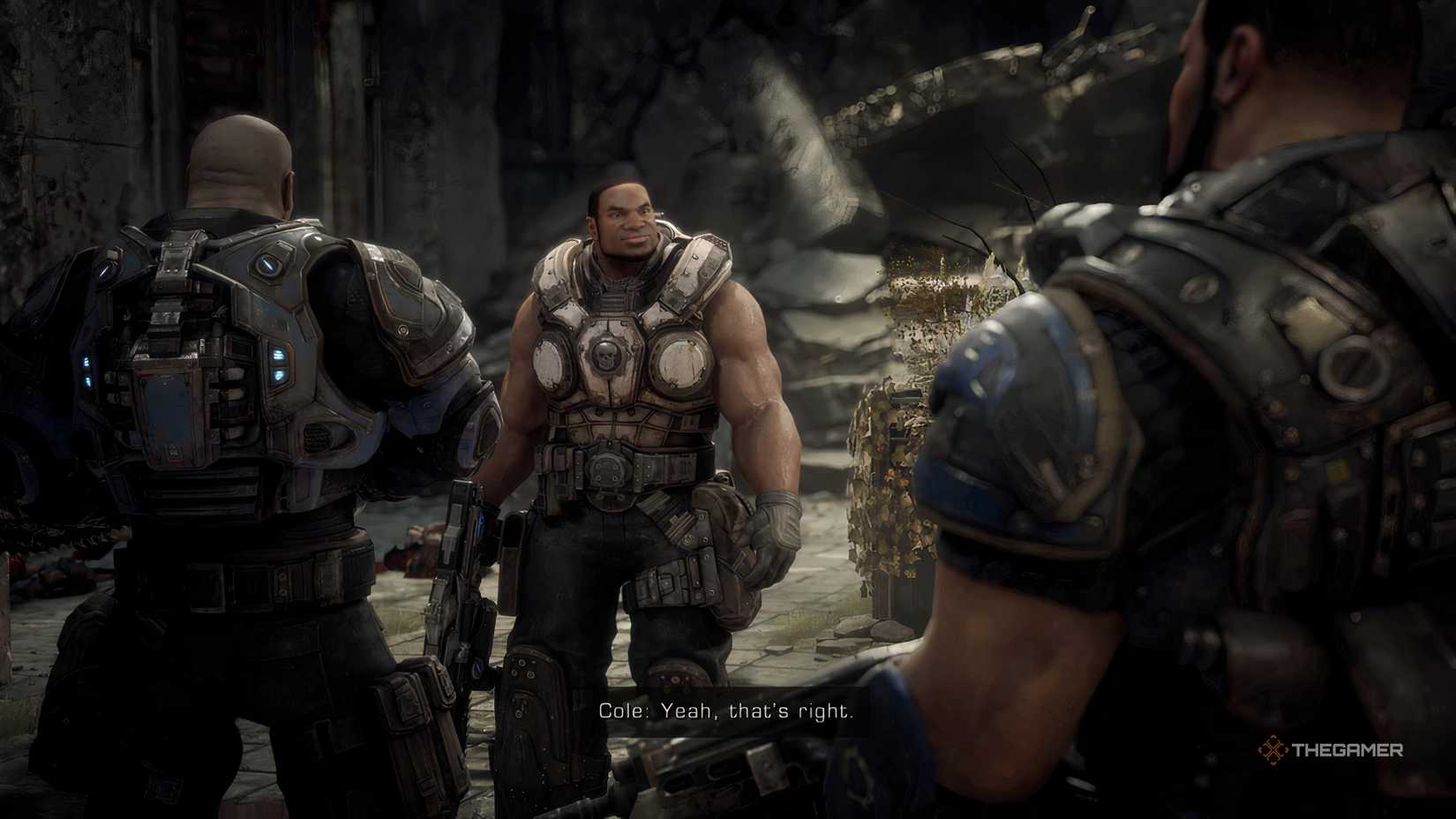 Cole Train meeting Delta Squad in Gears of War: Reloaded.