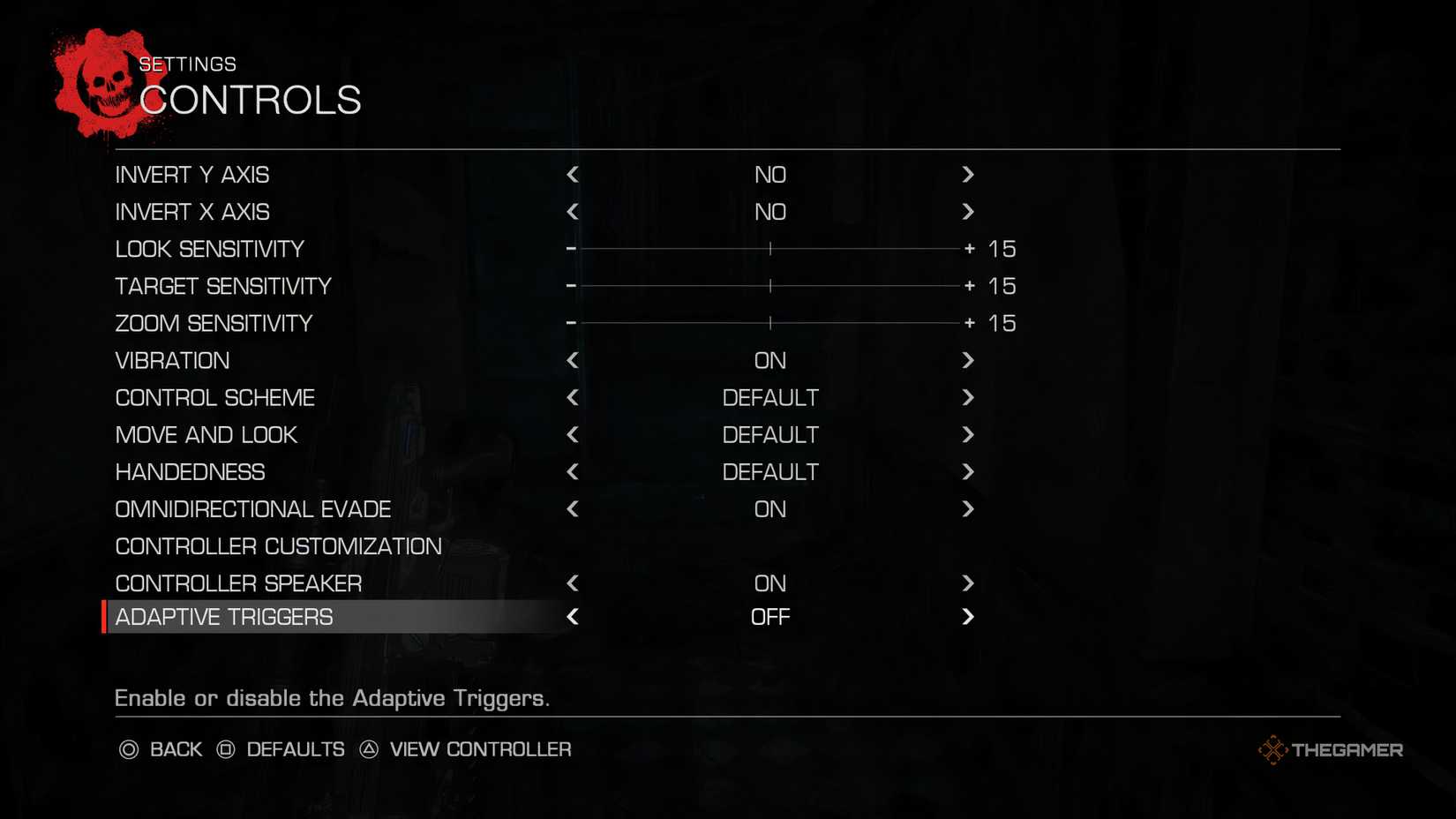 The controls menu in Gears of War: Reloaded.