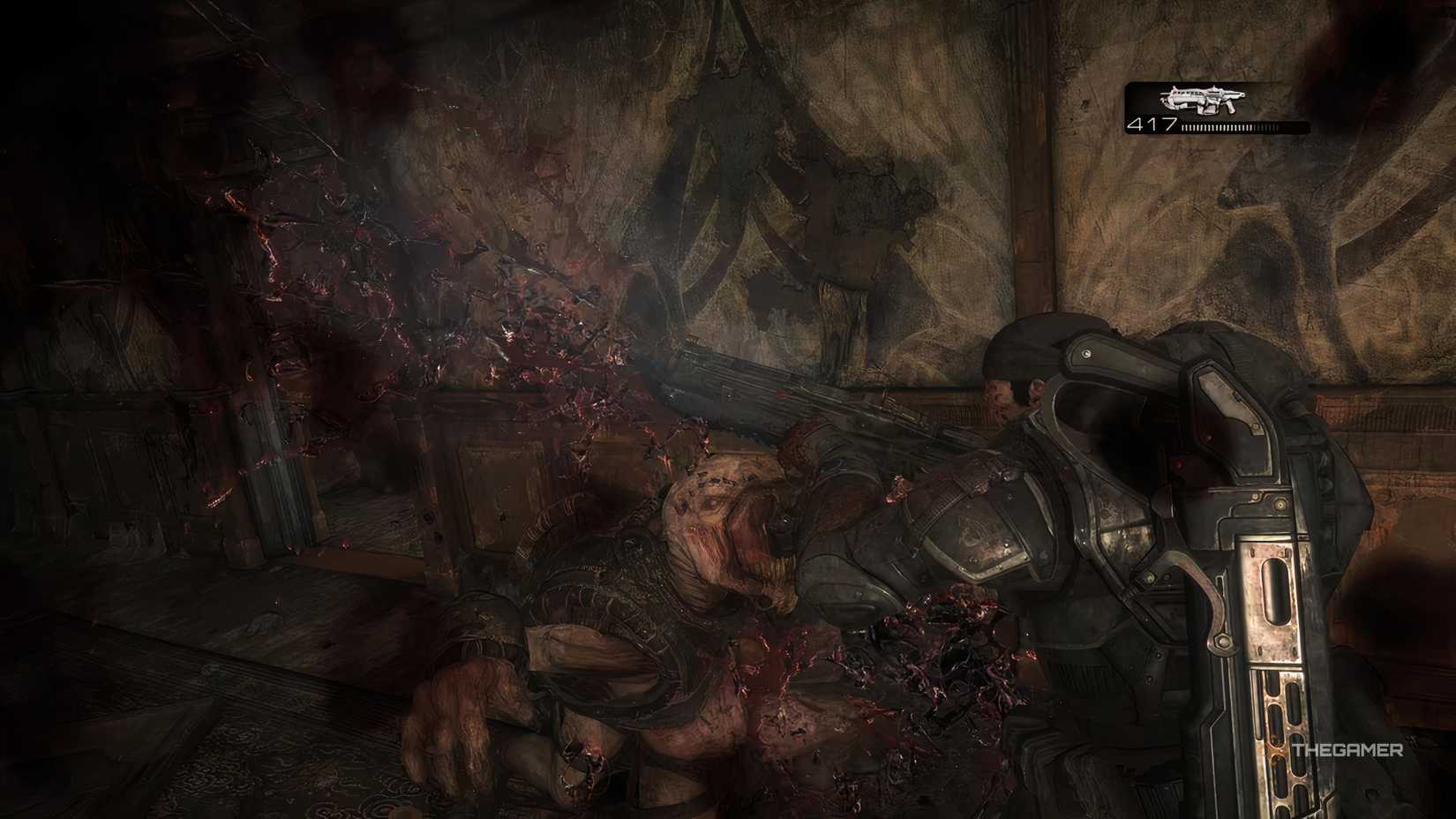 Marcus performing a melee execution in Gears of War: Reloaded.