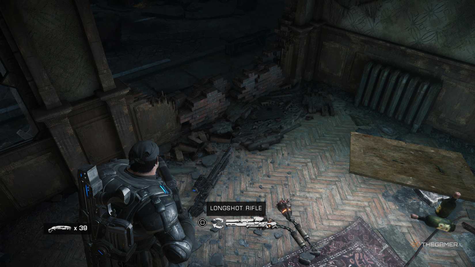 Marcus picking up a longshot rifle in Gears of War: Reloaded.