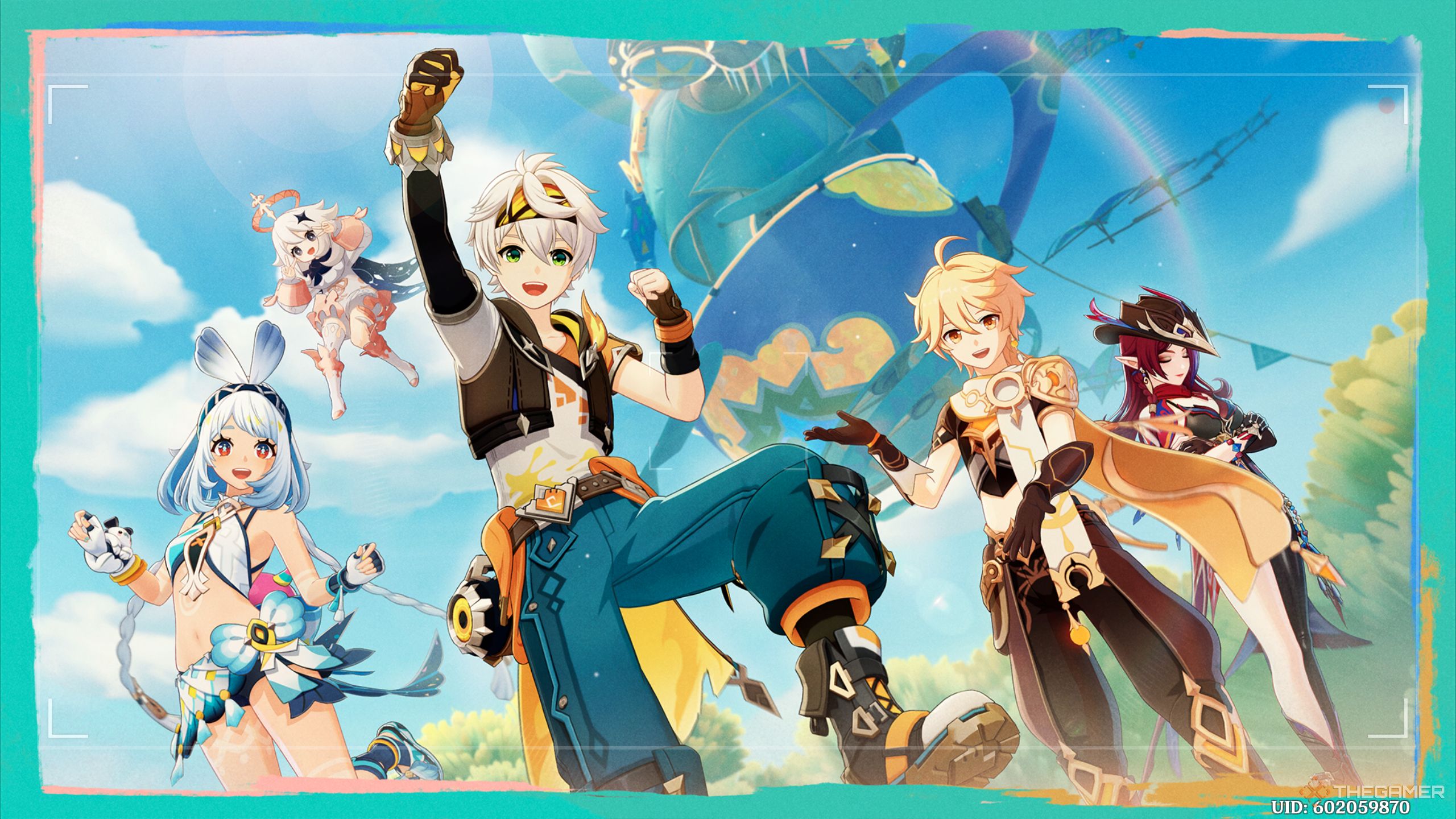 Mualani, Paimon, Bennett jumping, the Traveler, and Chasca, in Genshin Impact.