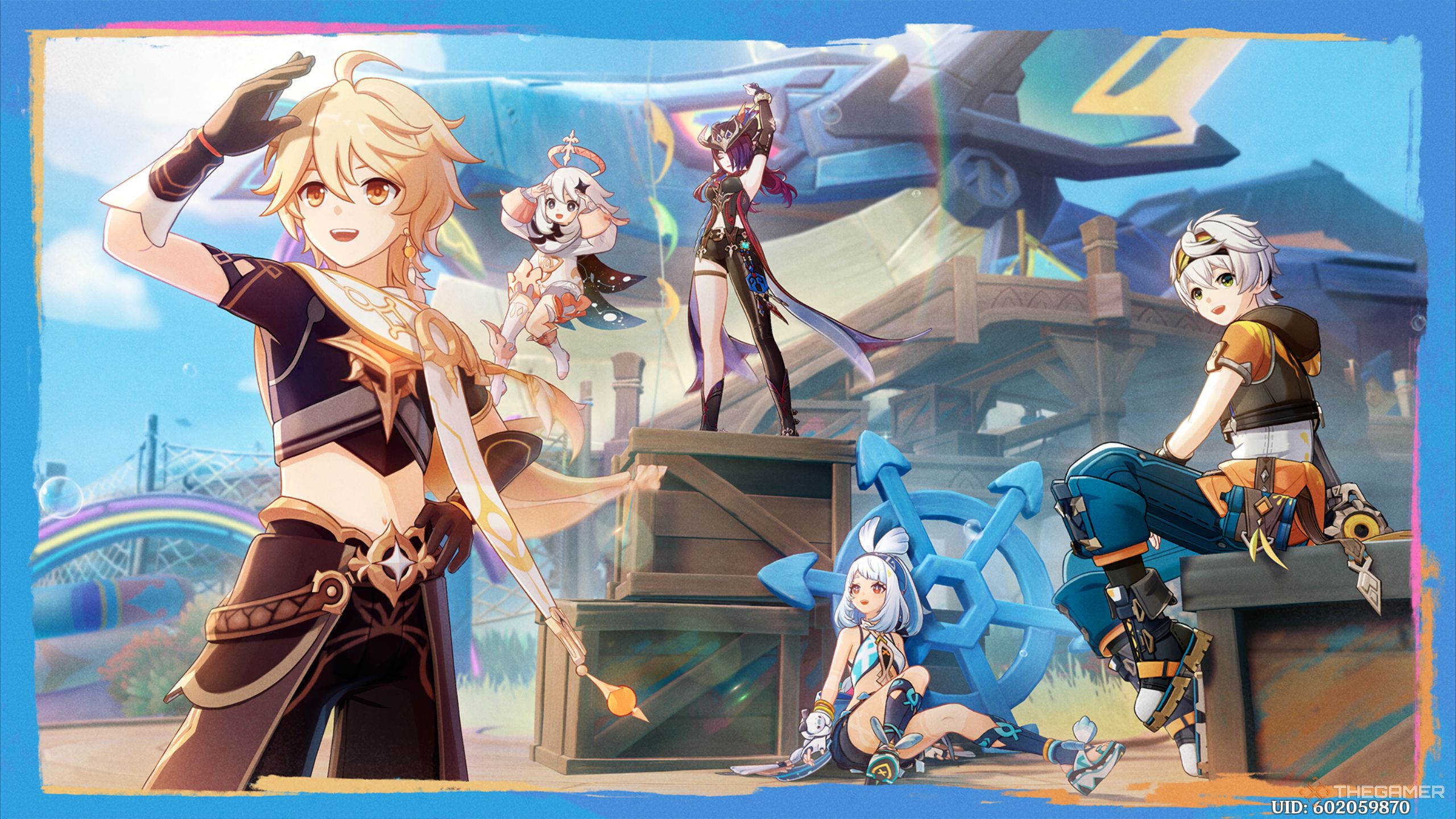 The Traveler, Paimon, Chasca, Mualani, and Bennett relaxing in the sun in Genshin Impact.