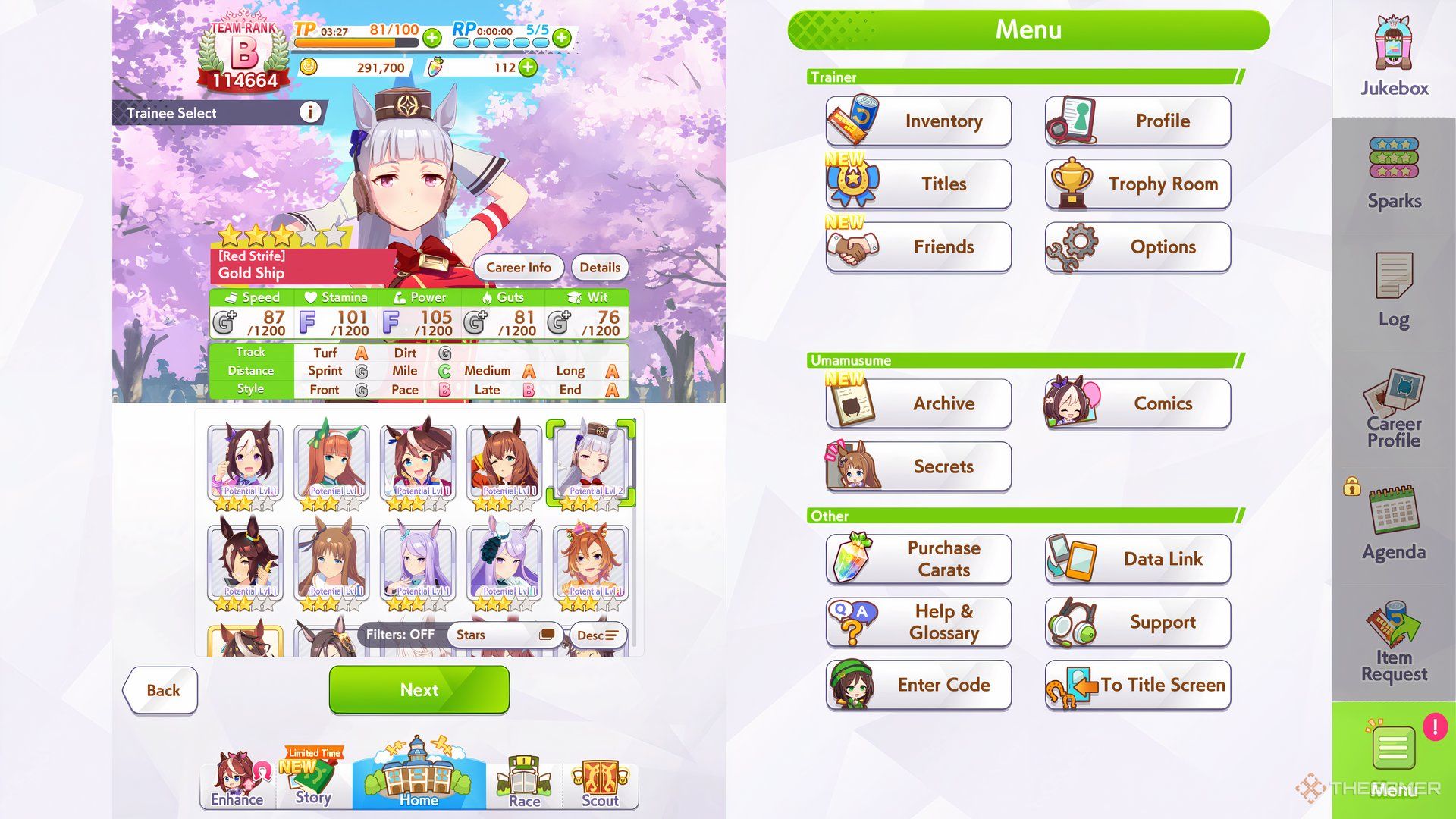 Gold Ship is shown in character selection in Umamusume Pretty Derby.