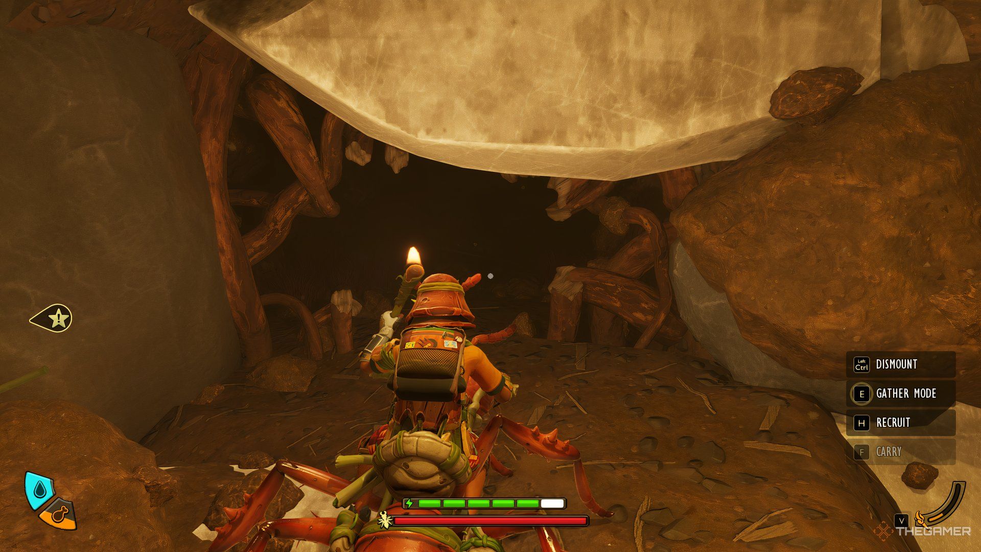 The player on their mount entering a tunnel in Grounded 2. 
