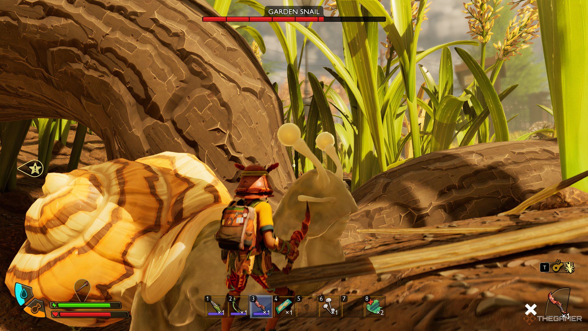 The player attacking the snail who is out of its shell in Grounded 2.