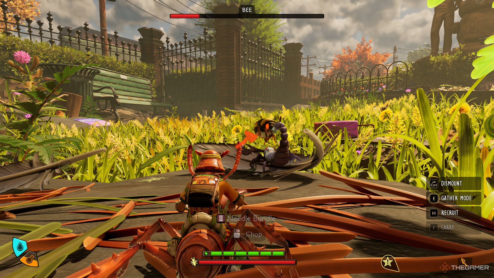The player on their mount looking at a Bee and Scorpion fight each other in Grounded 2. 