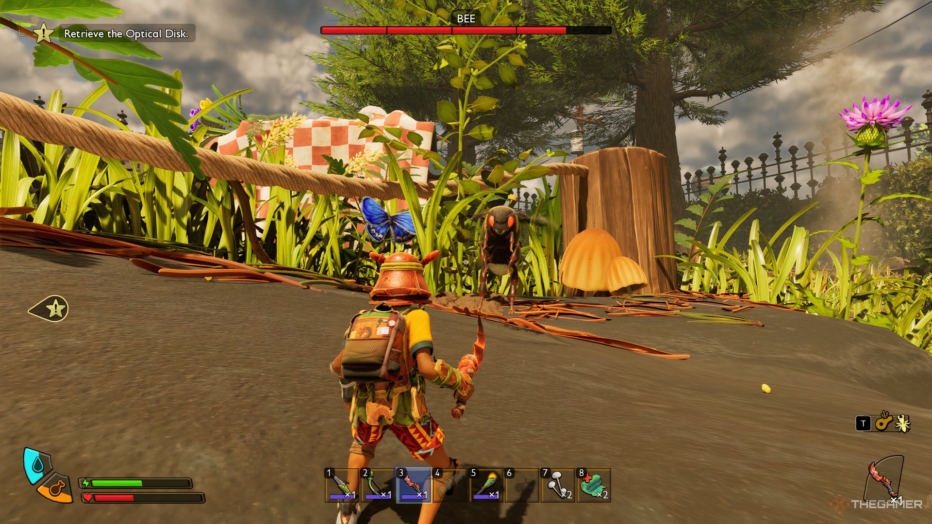 The player fighting a Bee in Grounded 2. Above is the Bee's health bar. 