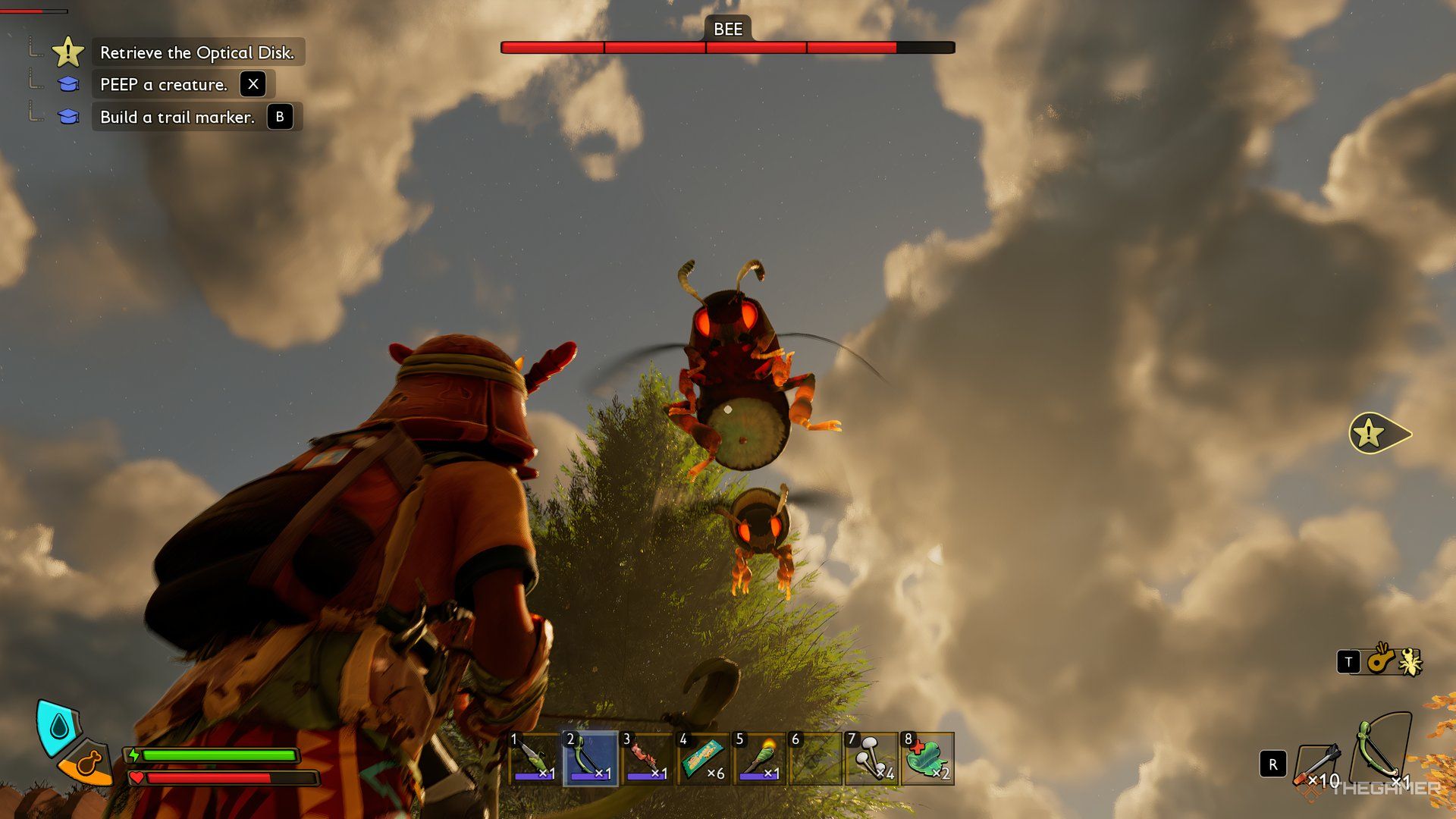 The player looking at two Bees above the Grounded 2. One is getting ready of a Stinger attack while the other is flying behind the first. Both of their eyes are red.