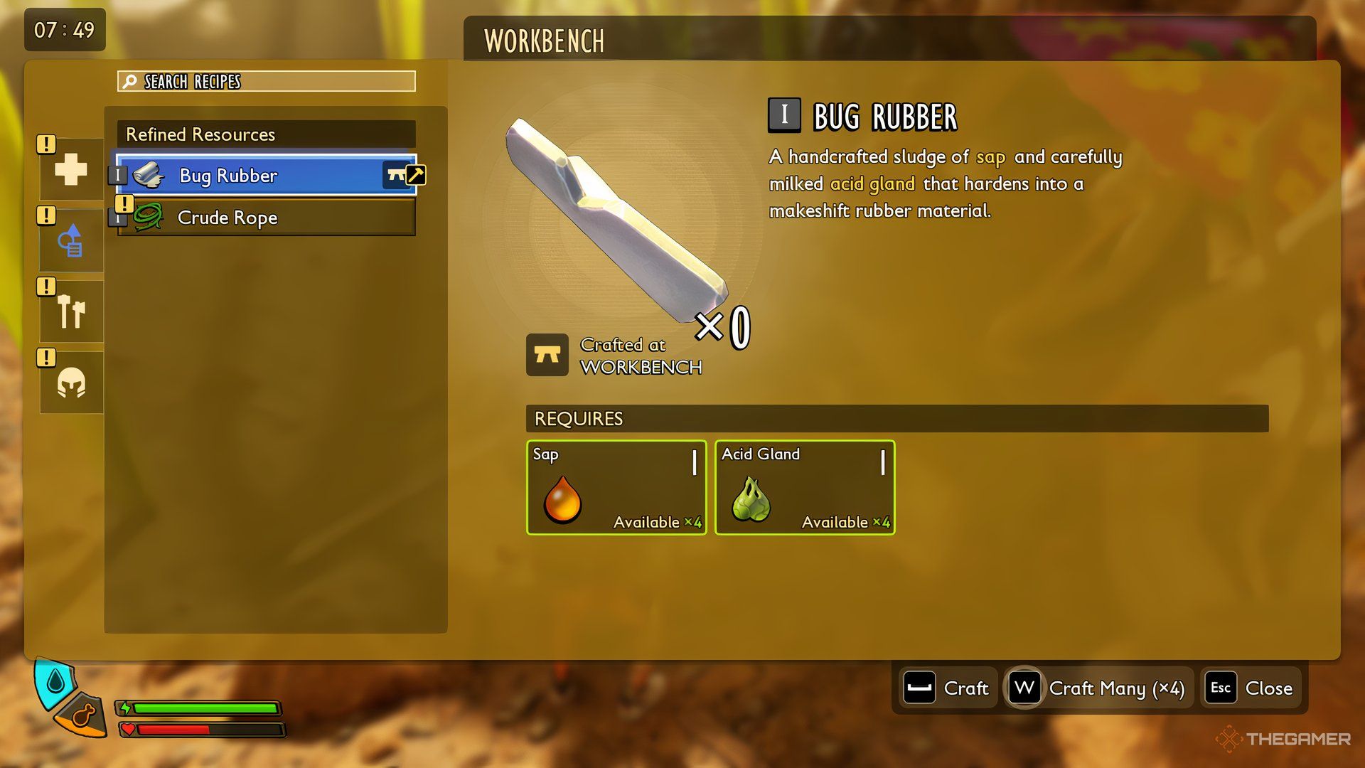In the crafting menu at the Workbench in Grounded 2. The Bug Rubber item is selected.