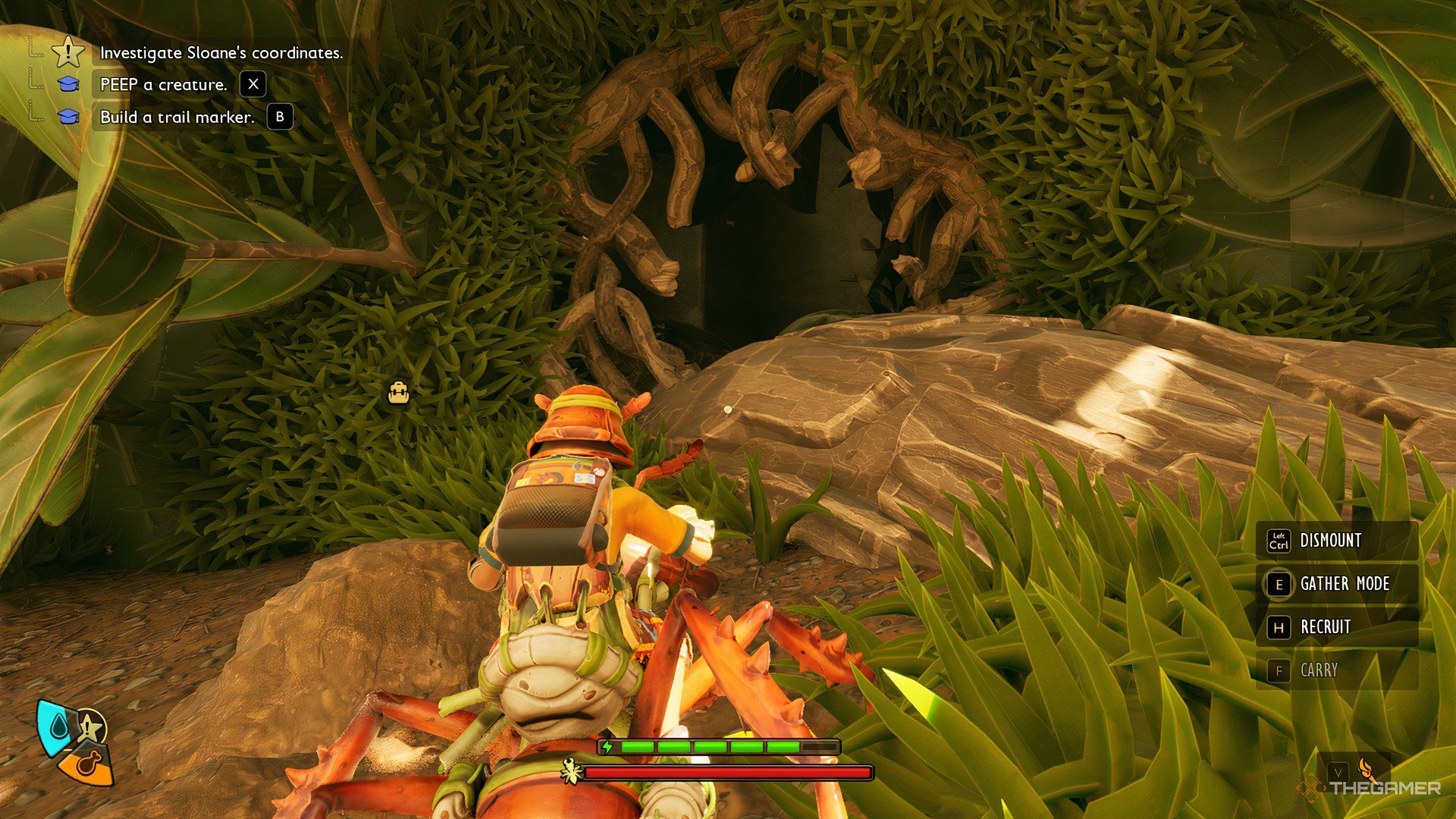 The player looking at a broken down obstacle on their mount in Grounded 2.
