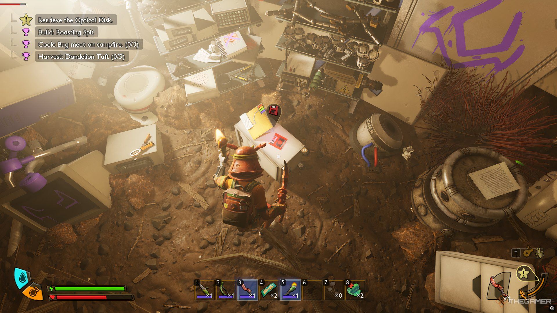 The player interacting with a chest that has a disk in it in Grounded 2. 