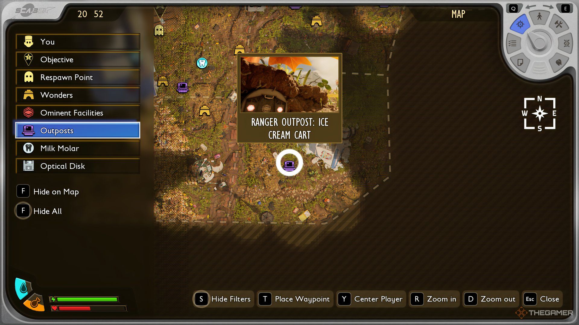 The map showing where the Ice Cream Cart Outpost is in Grounded 2. 