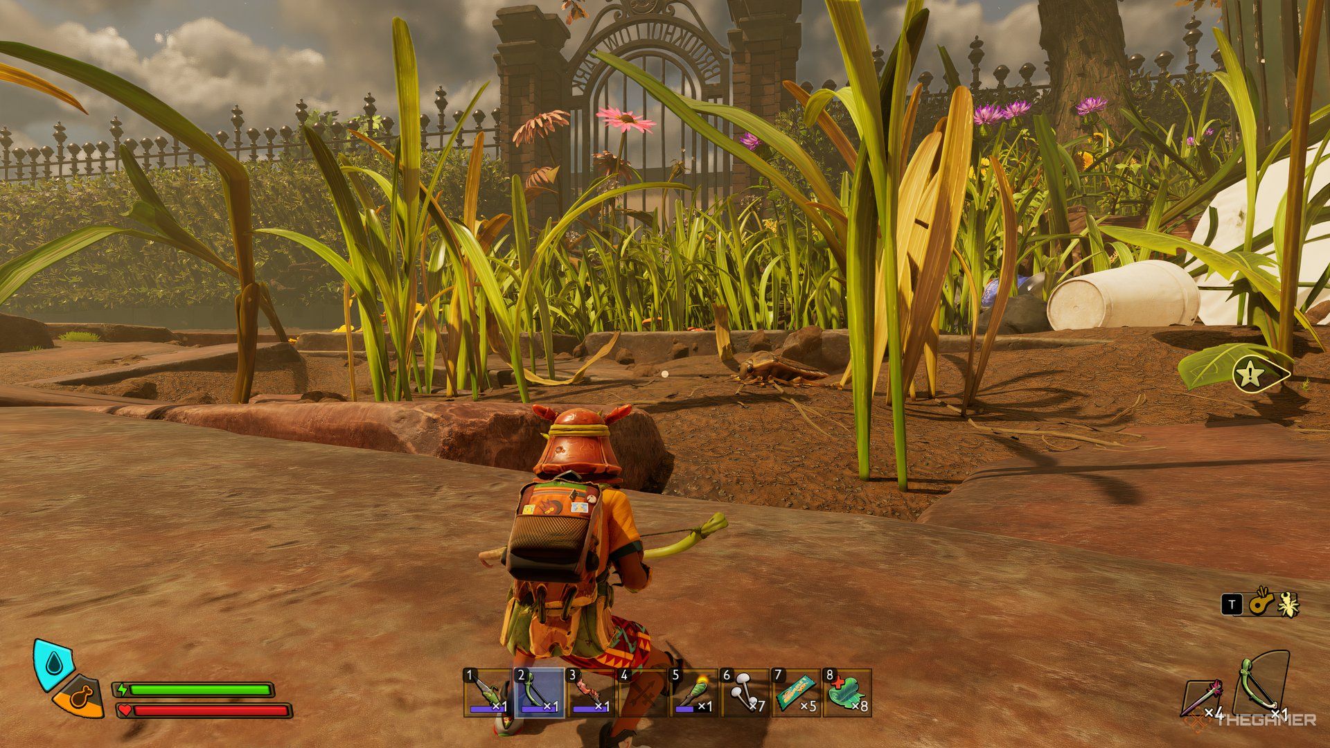 A player in Grounded 2 holding a bow looking a Stink Bug in the distance. 