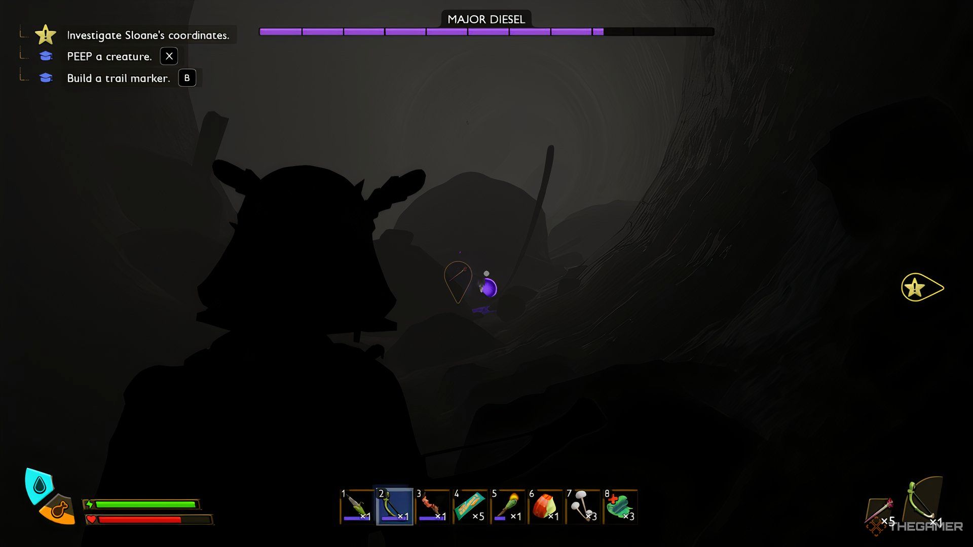 The player looking at the Major Diesel Cockroach in Grounded 2. It's purple eye is poking out from behind the stone.