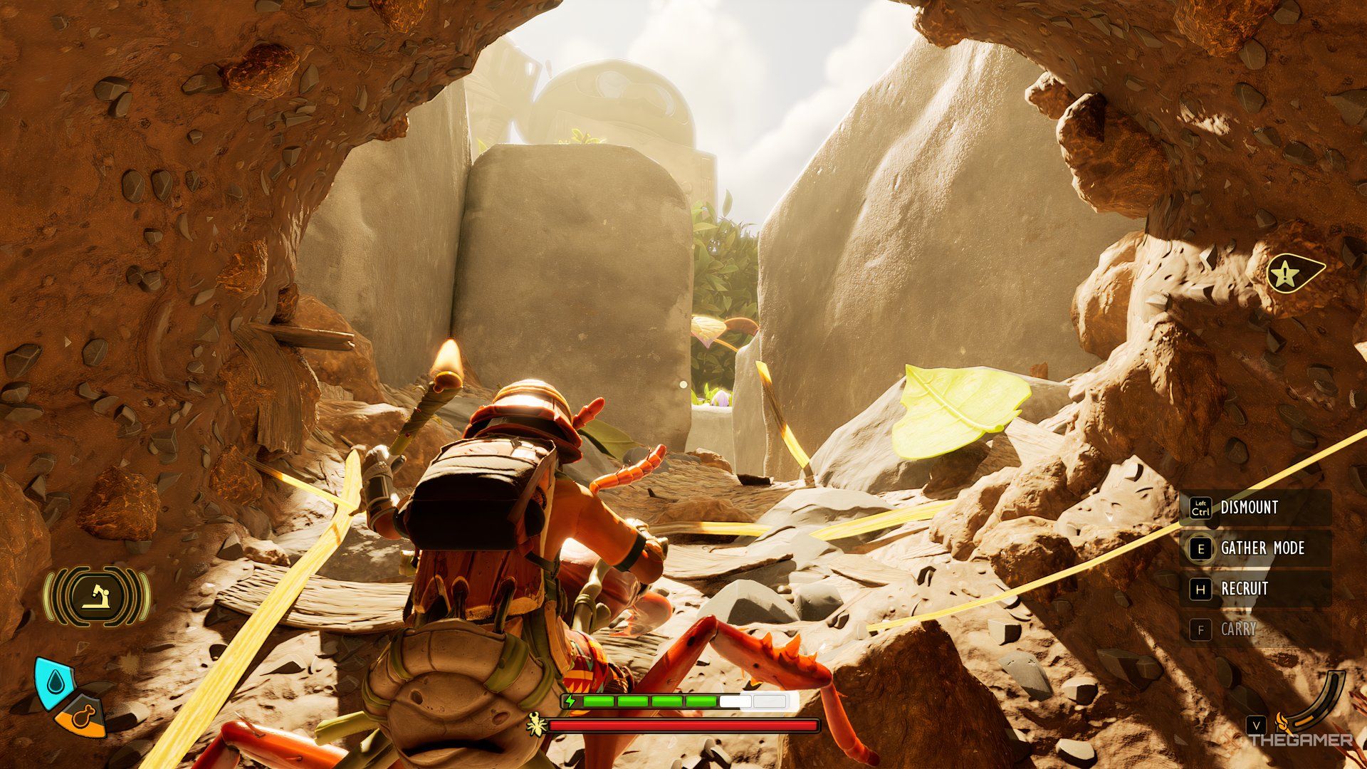 The player and their mount at the exit of tunnel looking at the maze in Grounded 2.