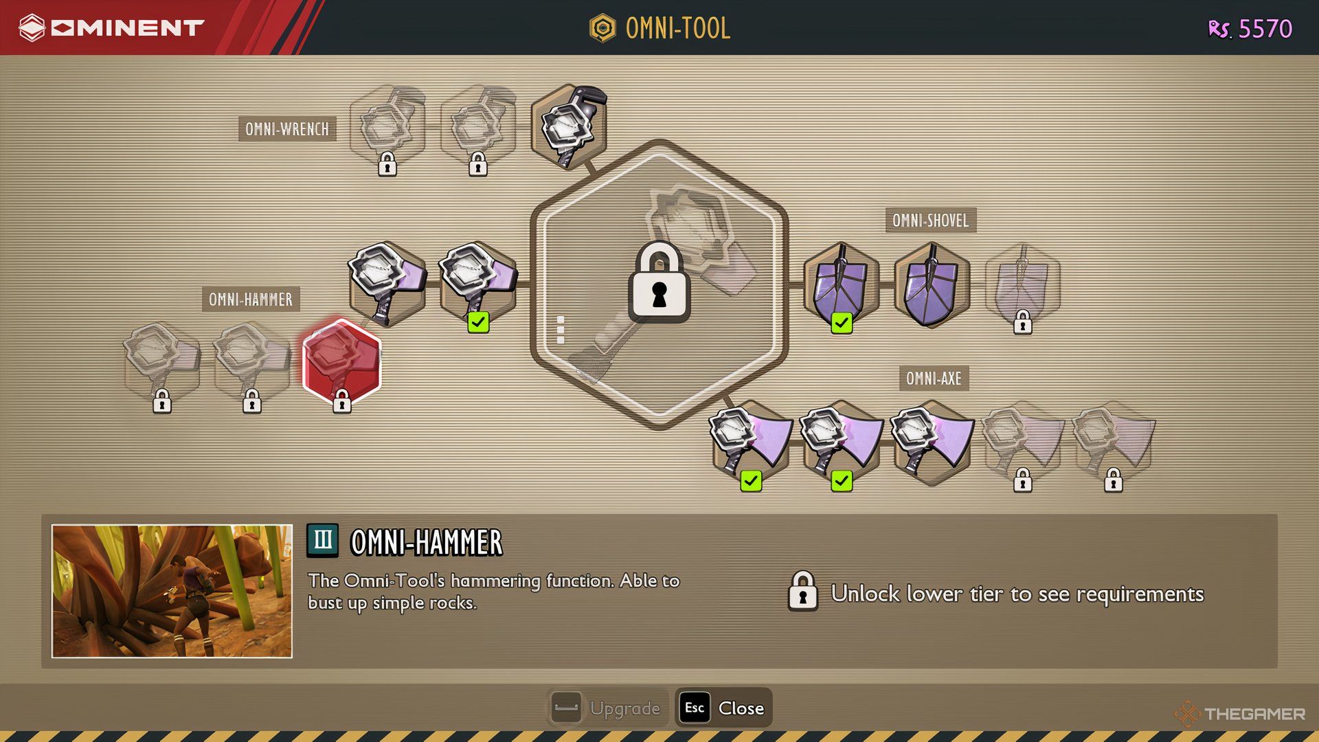 The player at the Onmi-Tool upgrade screen with the Omni-Hammer III selected in Grounded 2.