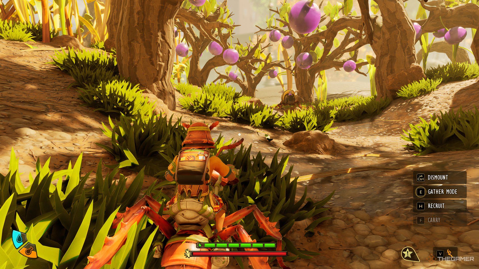 The player in a blueberry bush in Grounded 2 looking at the ORC Bee. 