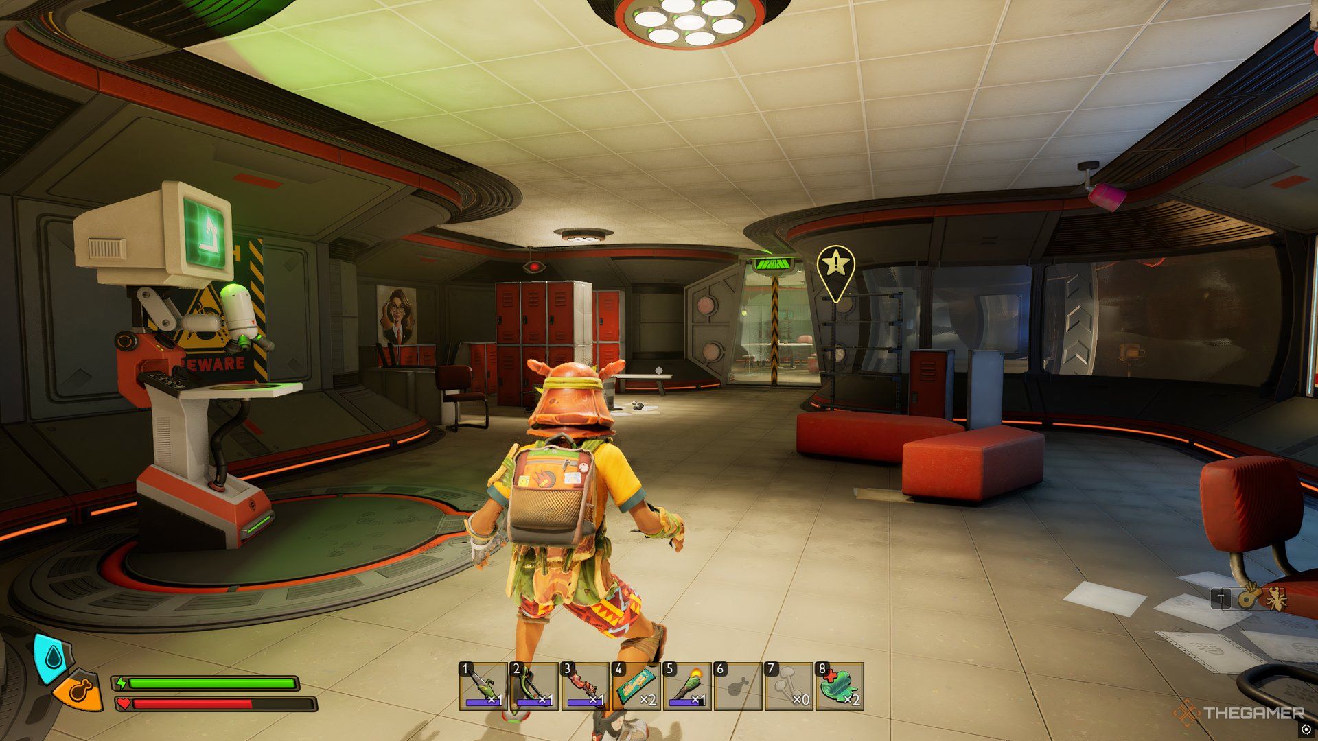 The player in the Ranger Outpost in Grounded 2 looking at a door. There is a marker just beyond the door. 