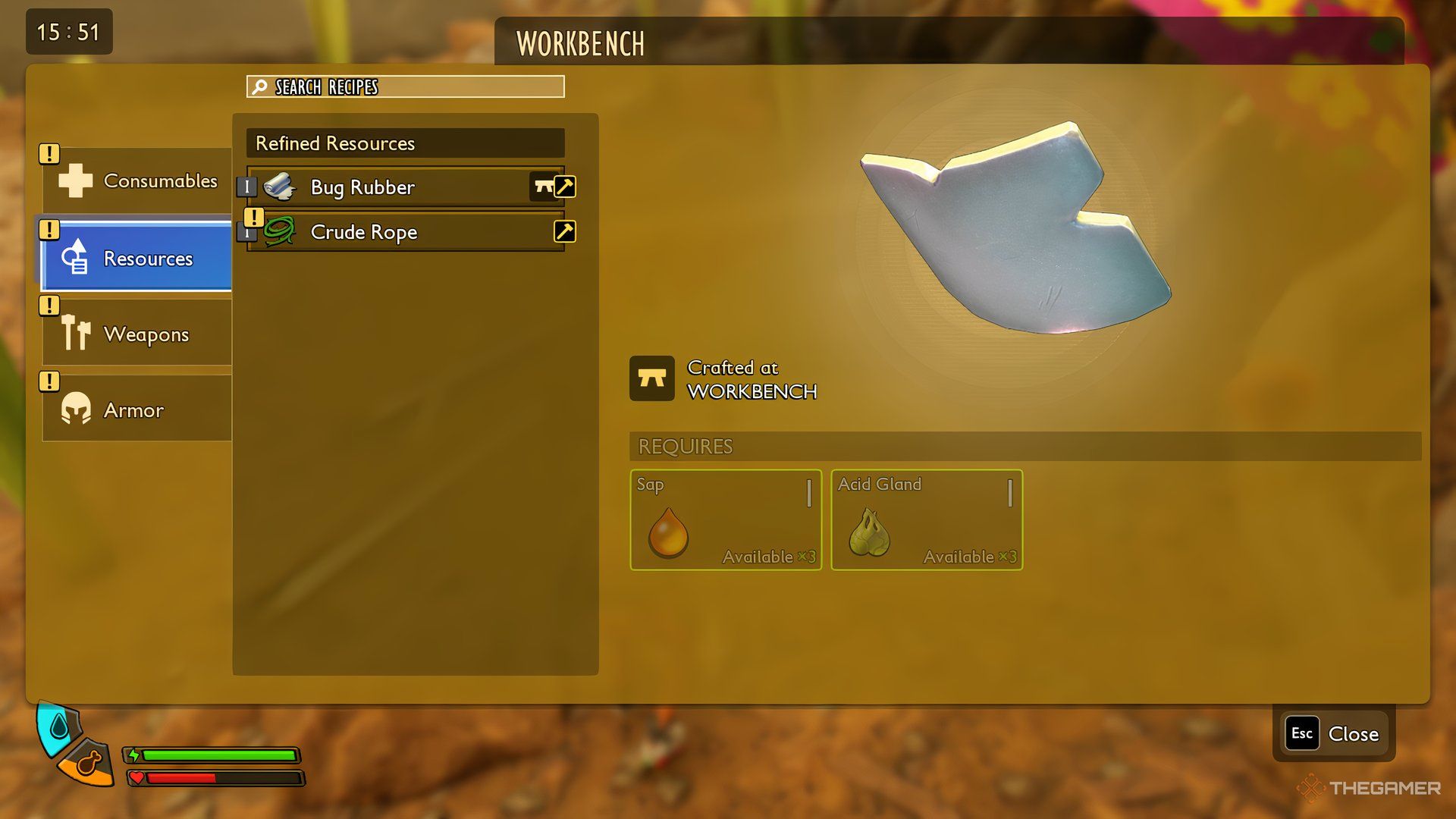 A player in the Resource Menu in Grounded 2. The resource tab is selected showing the Bug Rubber.
