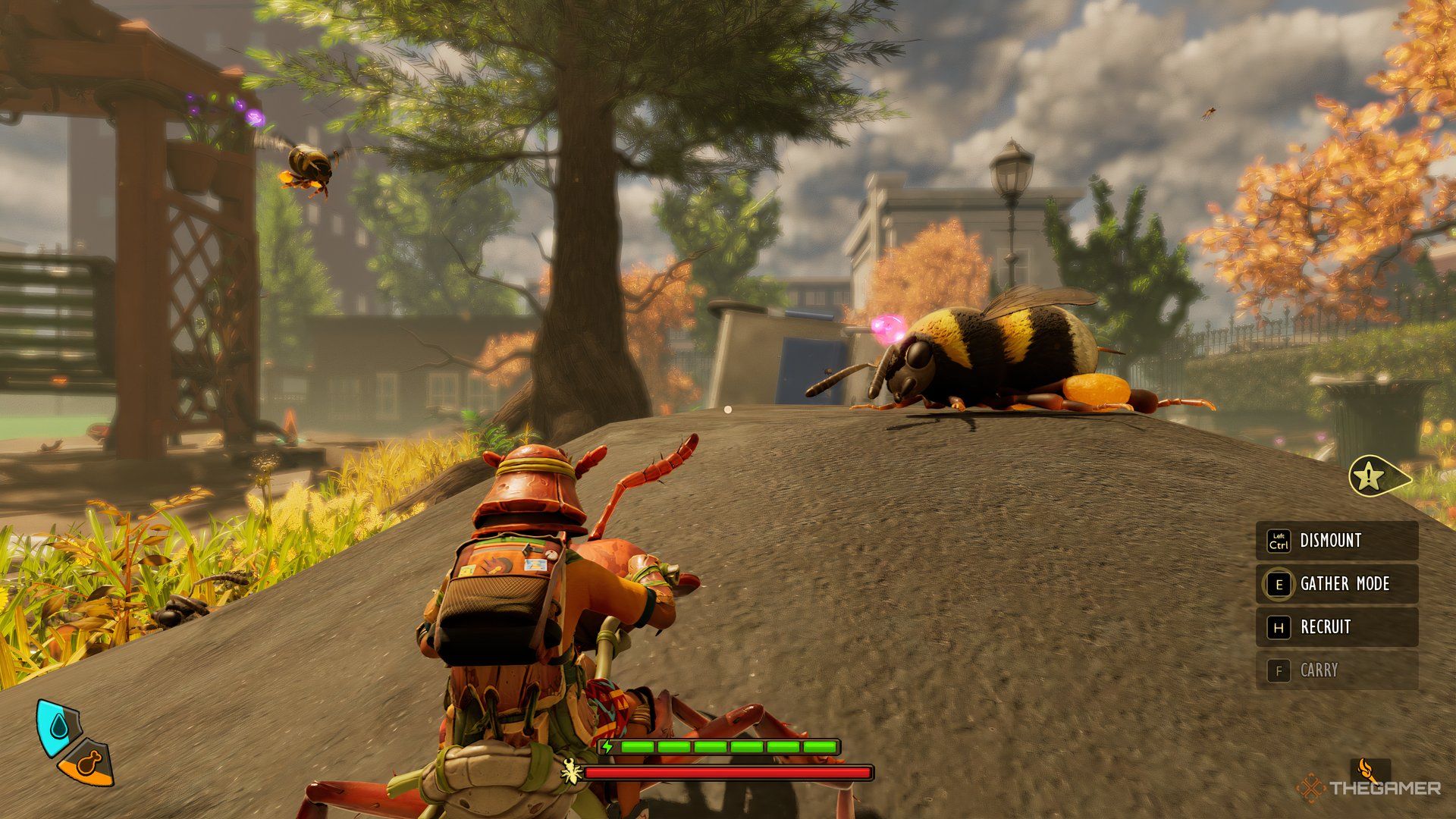The player and their mount looking at a sleeping Bee in Grounded 2. There is another Bee flying in the distance.