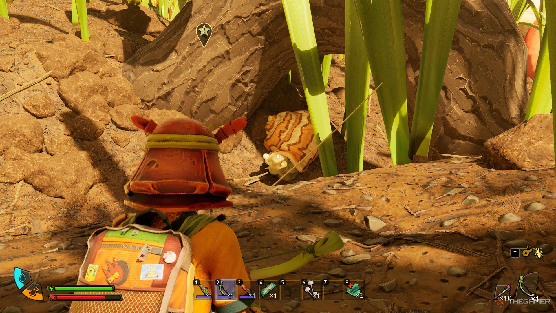 The player holding thier bow and looking at a Garden Snail below them in Grounded 2.