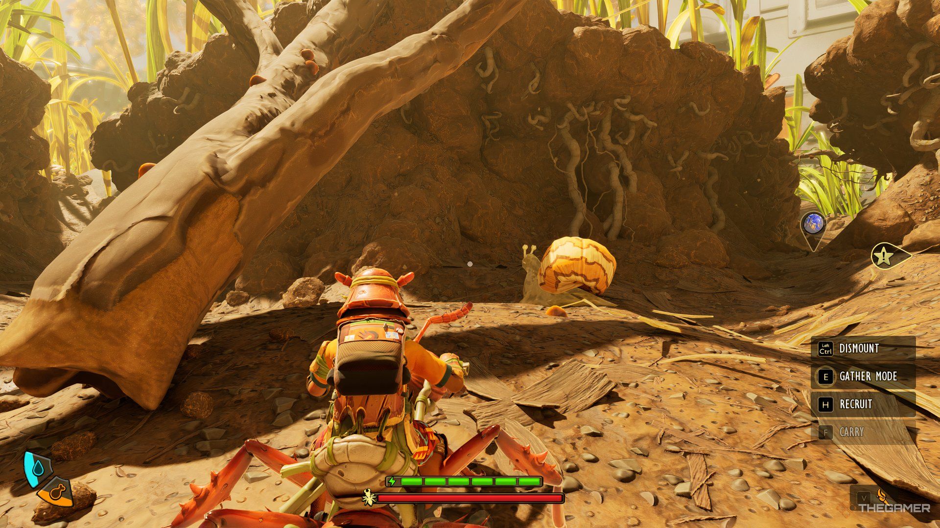 The player riding their mount looking at a snail off in the distance in Grounded 2.