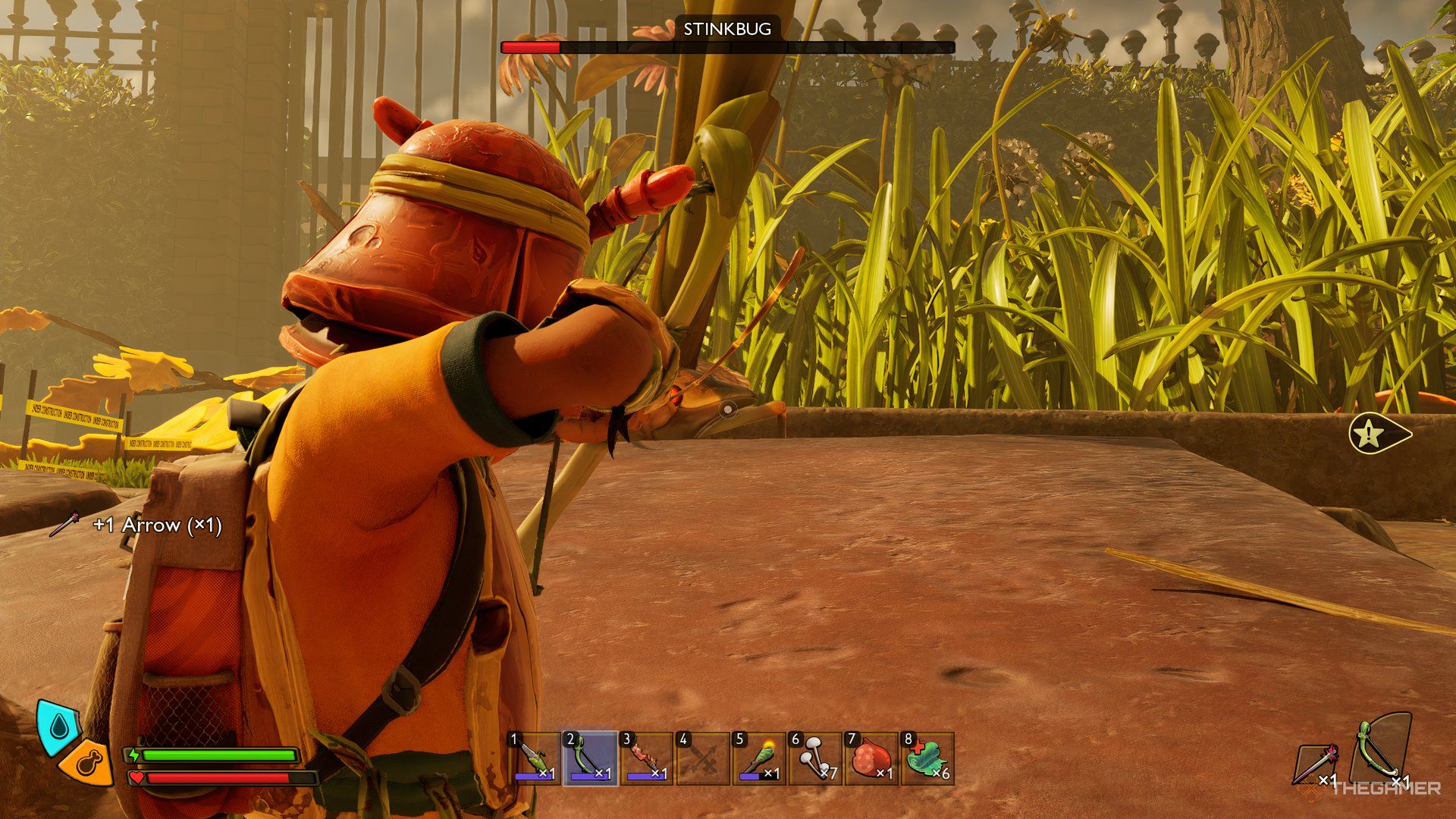 The player aiming his arrow at the Stink Bug in Grounded 2. There is the bug's health bar on top showing it has little health left.