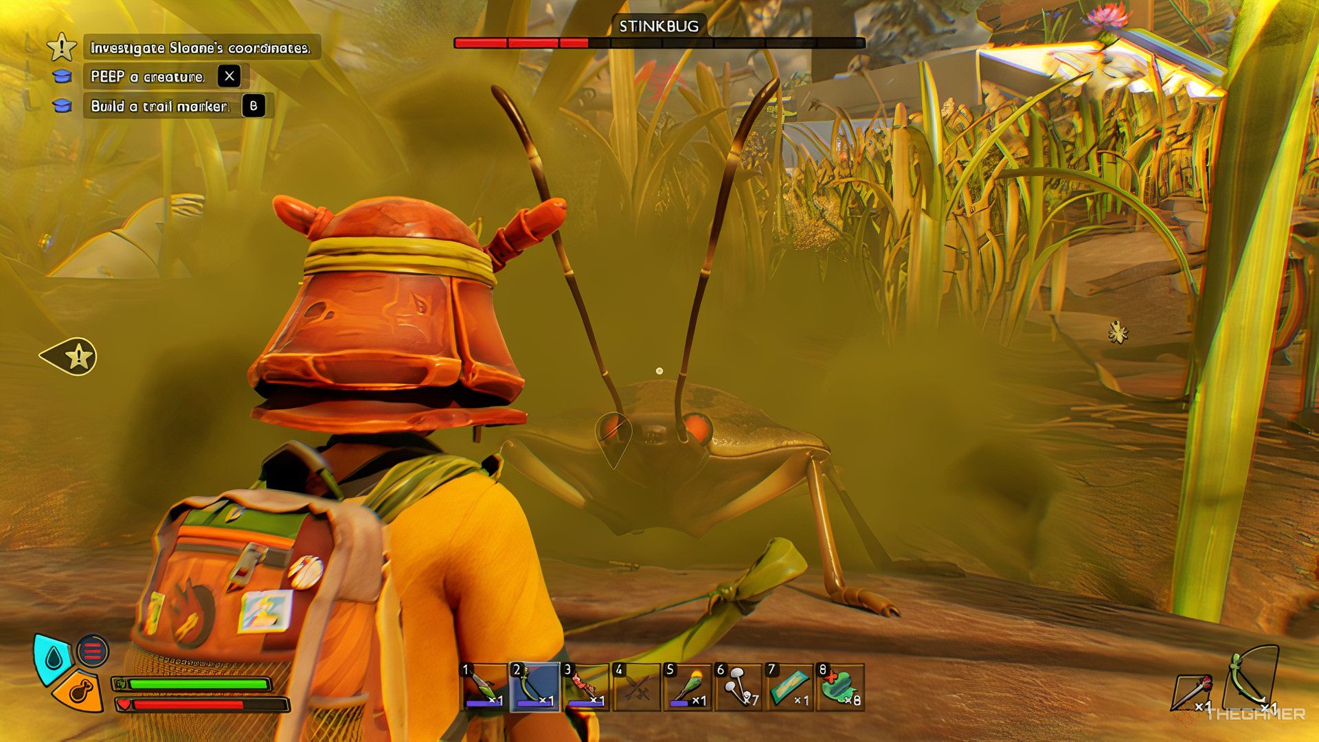 Player looking at a Stink Bug in Grounded 2 that is releasing green poison gas. 