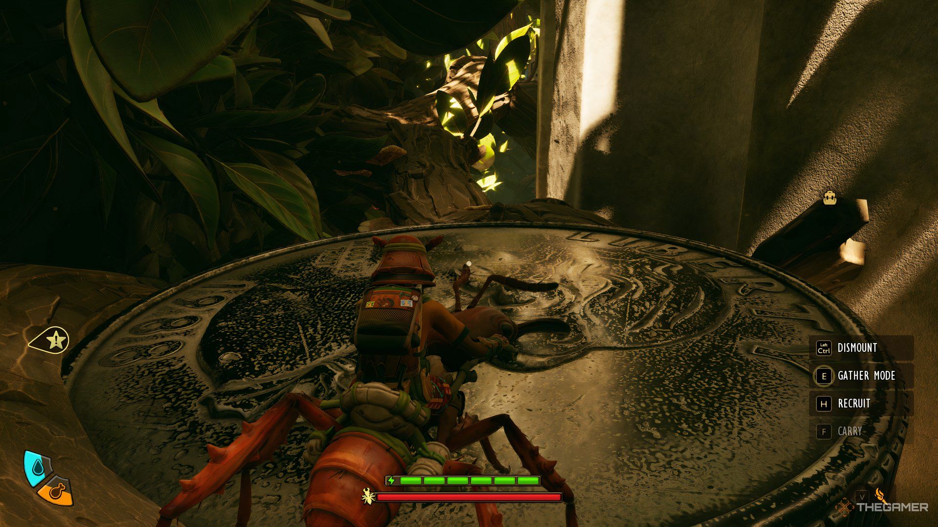 The player and their mount standing on a large coin in Grounded 2
