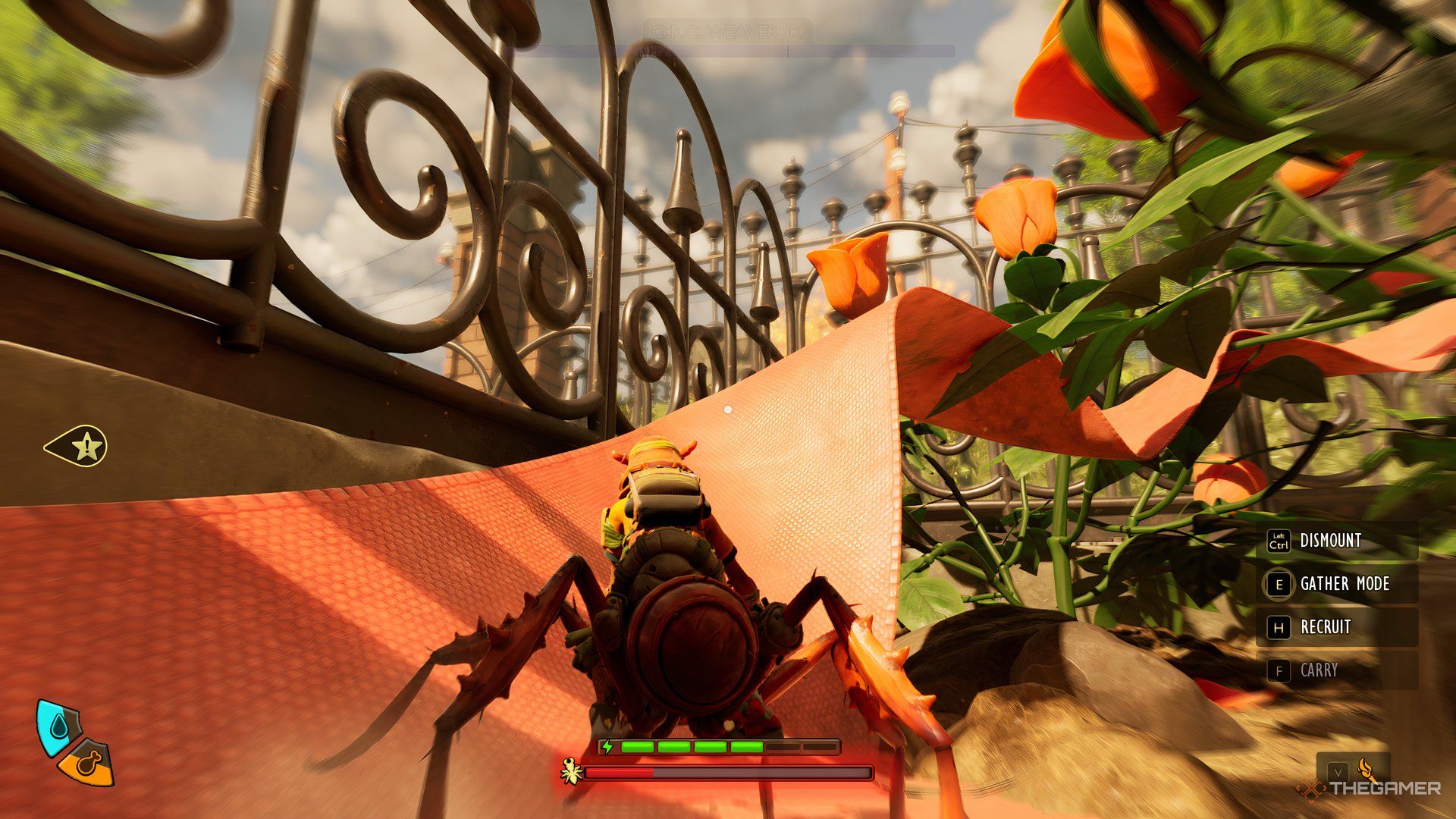 The player and their mount walking on a red ribbon in Grounded 2.
