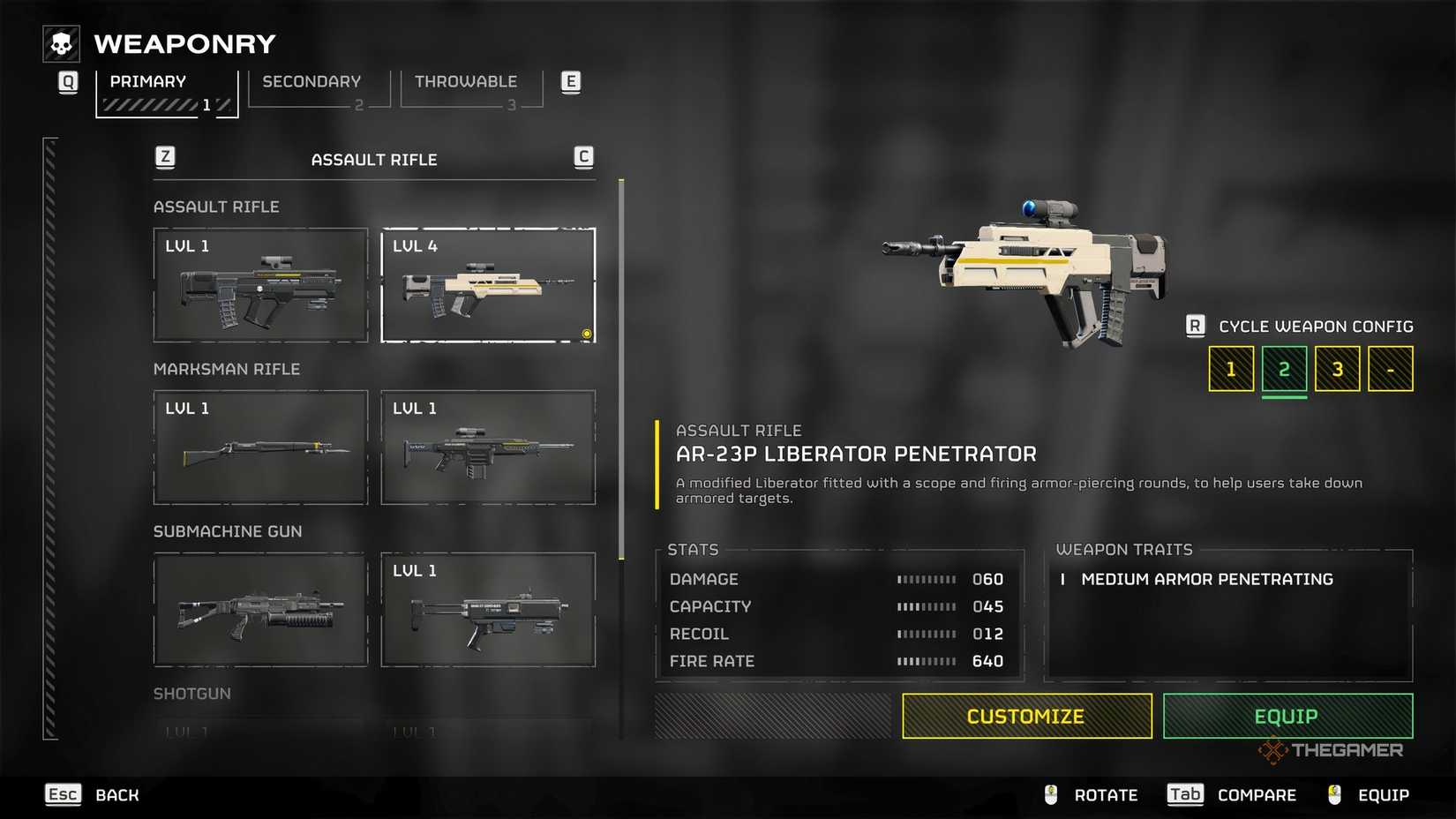 In the Weapons menu of Helldivers 2 with the AR-23P Liberator Penetrator selected.