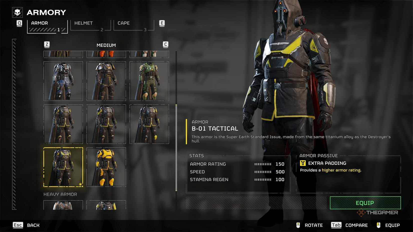 The player selecting their armor set up in the Armory screen in Helldivers 2. 