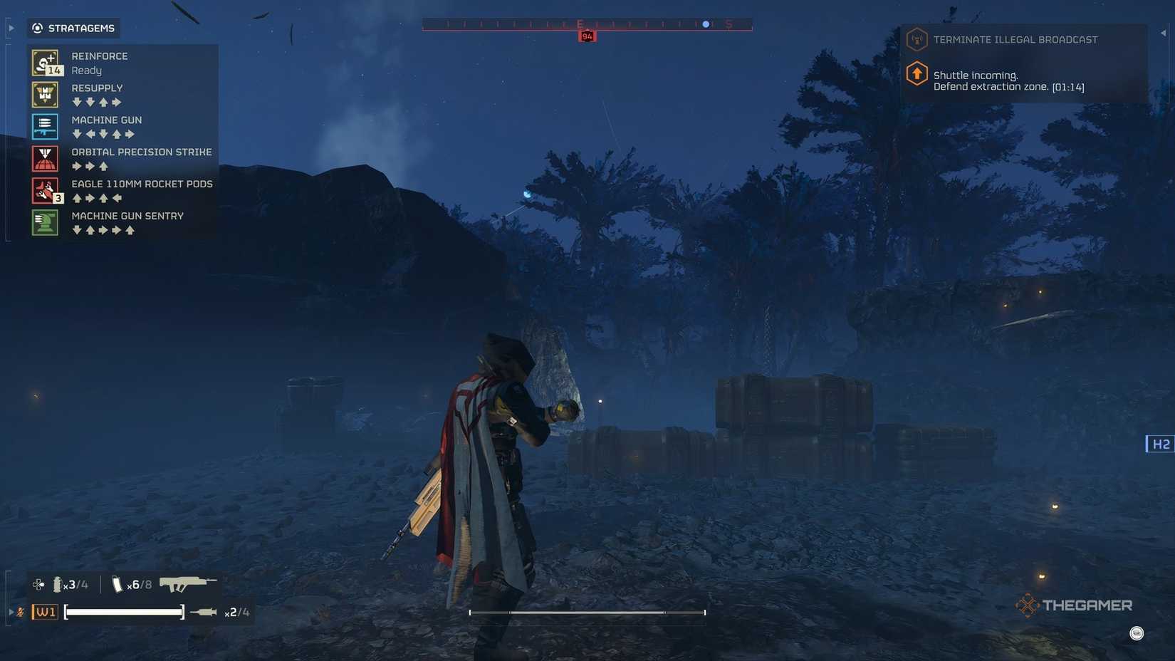 A player in Helldivers 2 calling in a Stratagem. The equipped Stratagems are listed on the top left.