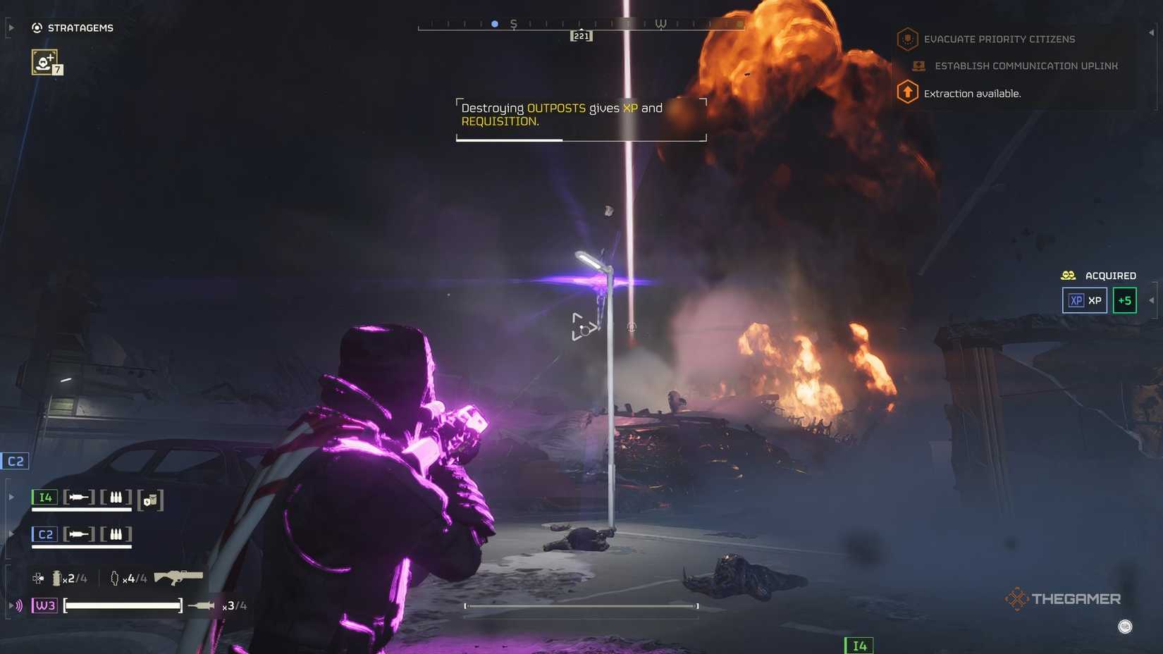 The player looking at large explosion infront of them in Helldivers 2. 