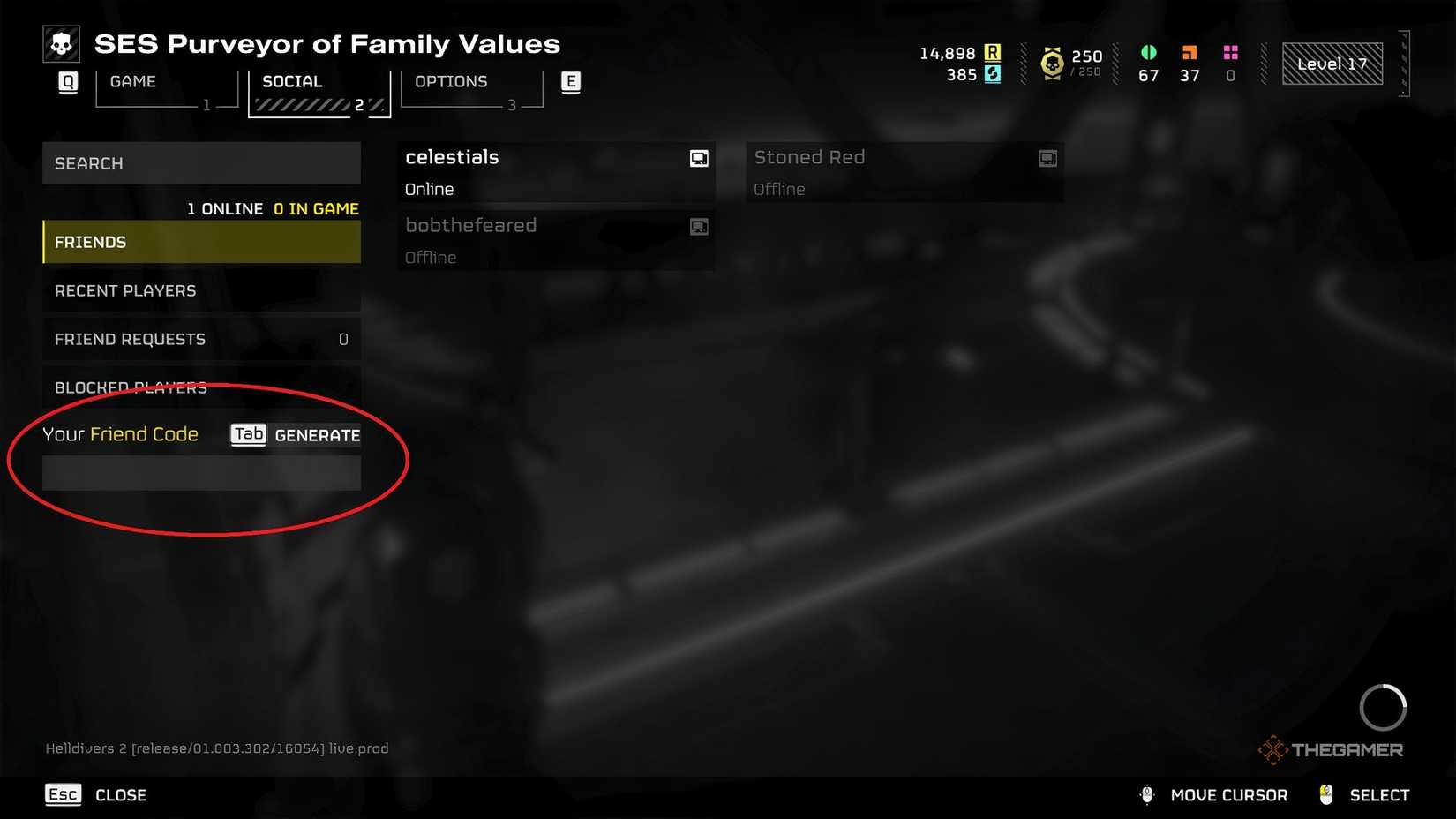 The Friend Code bar circled in the Social Tab in Helldivers 2.