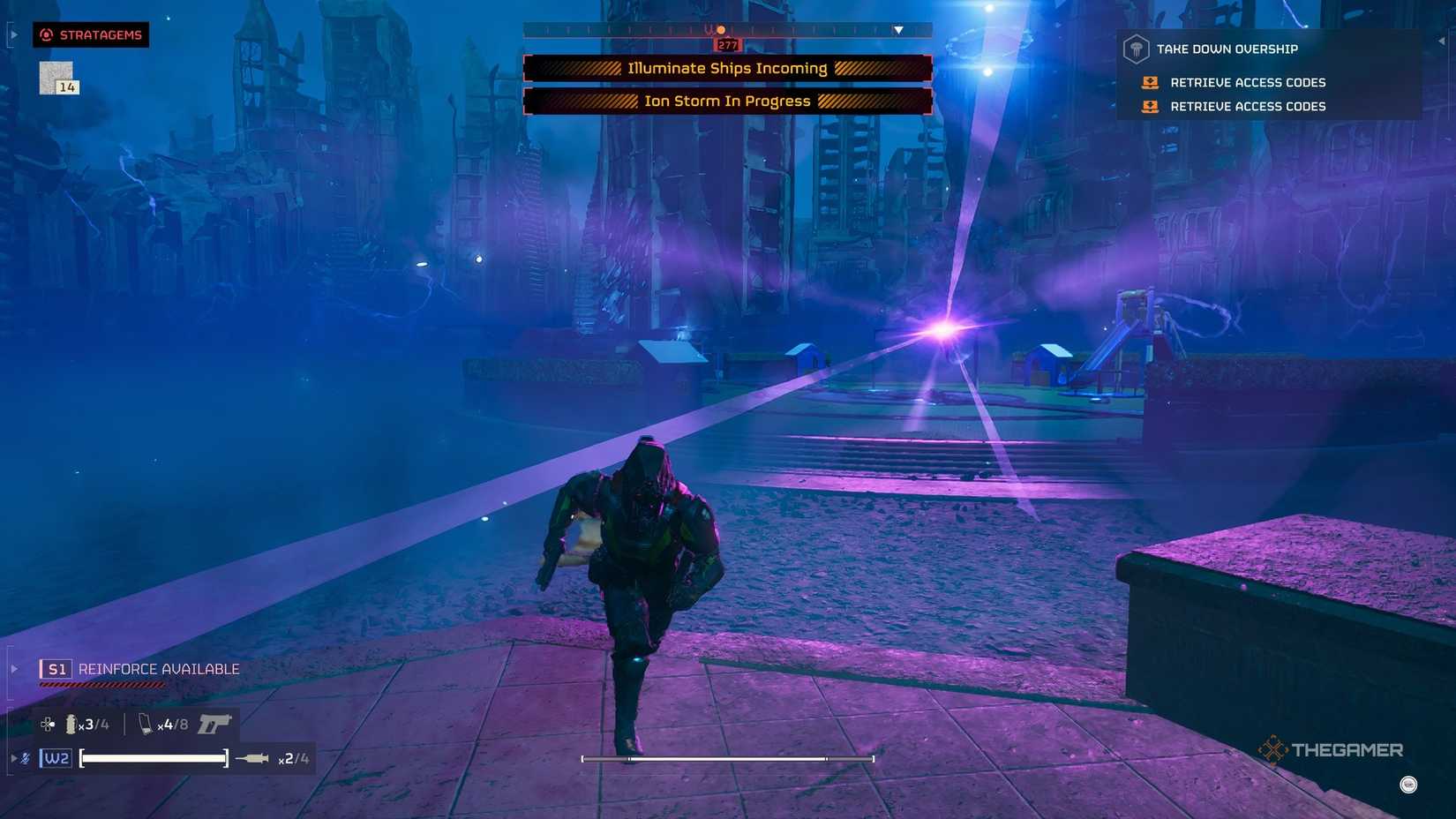 The player in Helldivers 2 running away from an Illuminate enemy that has lights coming out of it. 