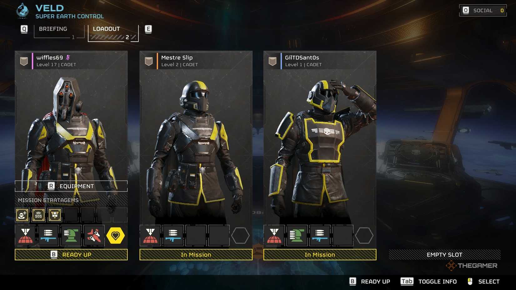 The players in Helldivers 2 getting ready to start a match. Each of them has selected Stratagems located on the bottom.