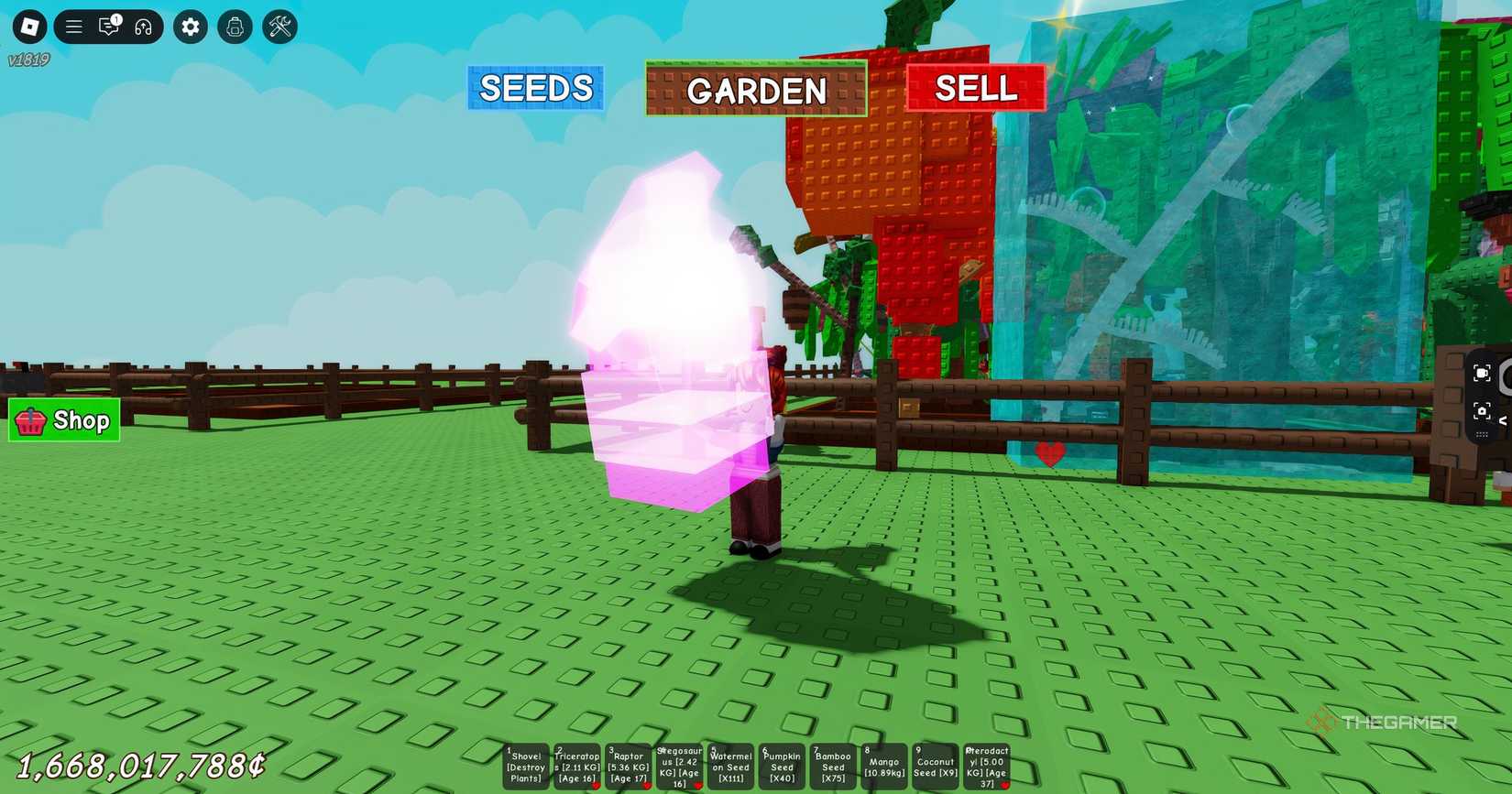 Holding a Glimmering Fruit in Roblox Grow a Garden.