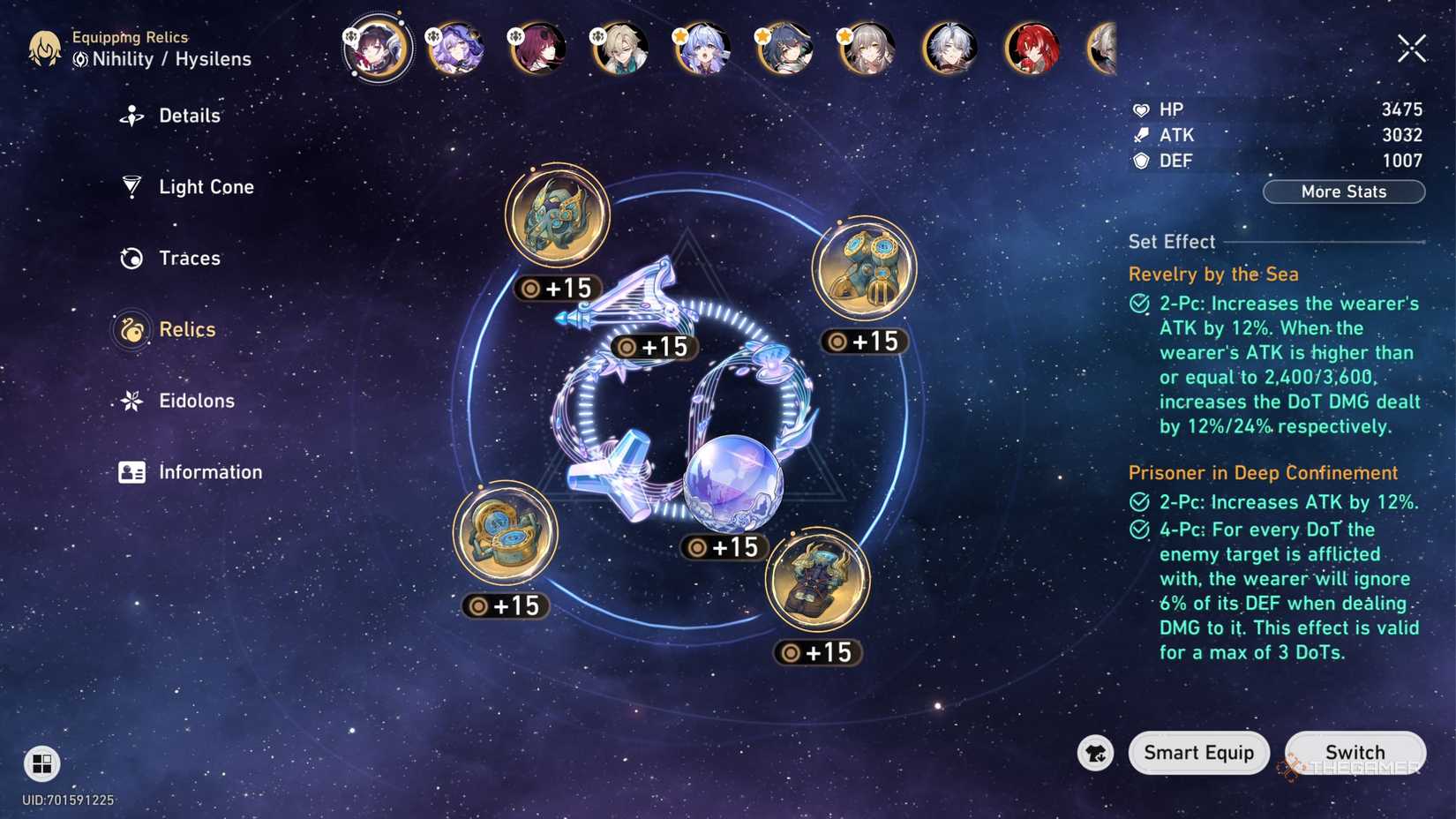 Honkai Star Rail Hysilens relic and planar ornament screen.