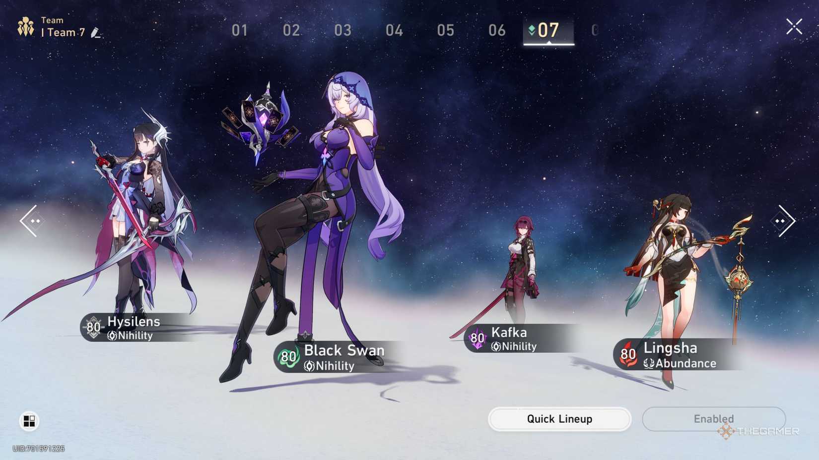 Honkai Star Rail Hysilens team with Black Swan, Kafka, and Lingsha.