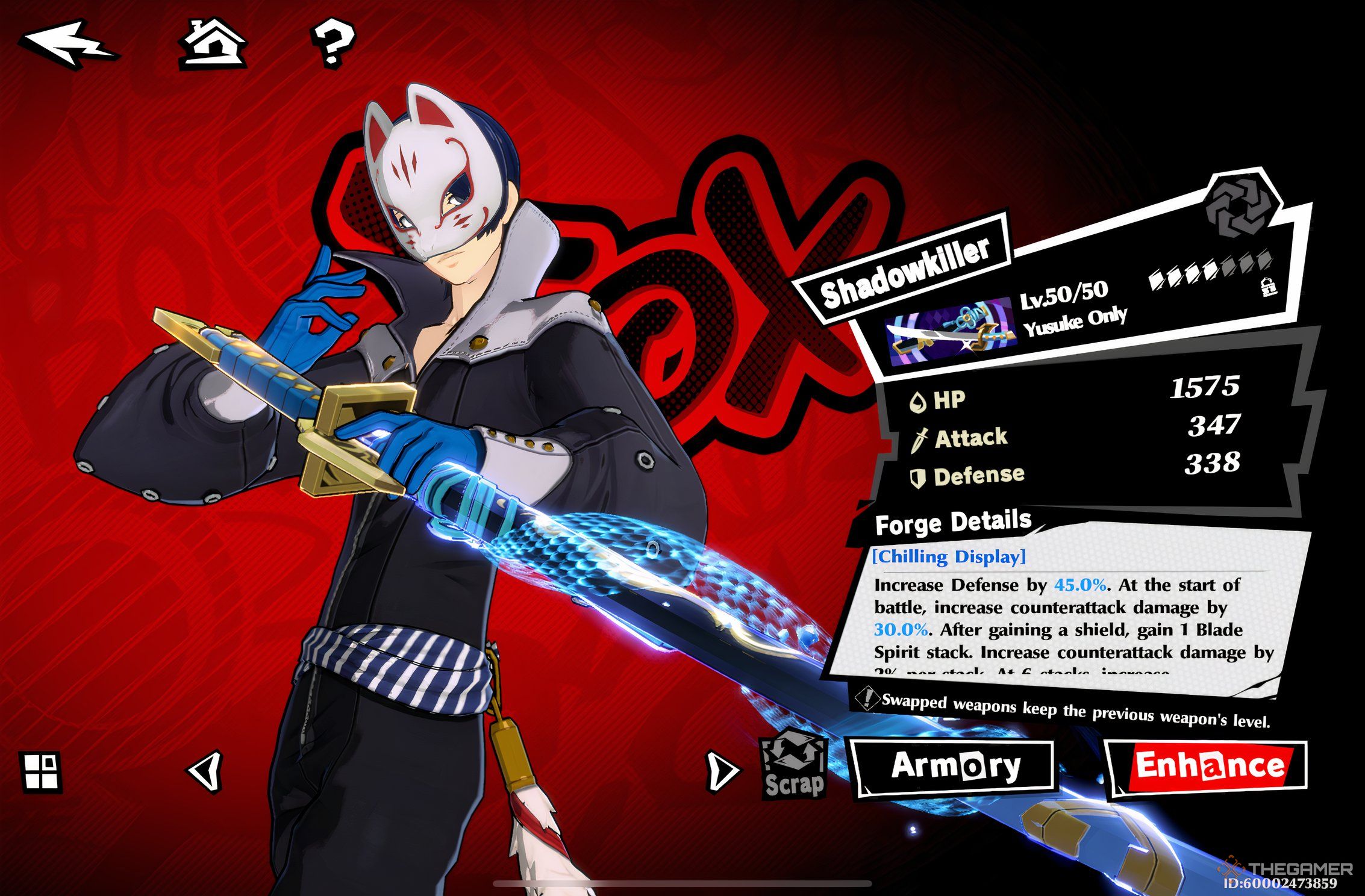 IMG_0598Yusuke holding his weapon Shadowkiller on the weapon enhance page in Persona 5: The Phantom X.