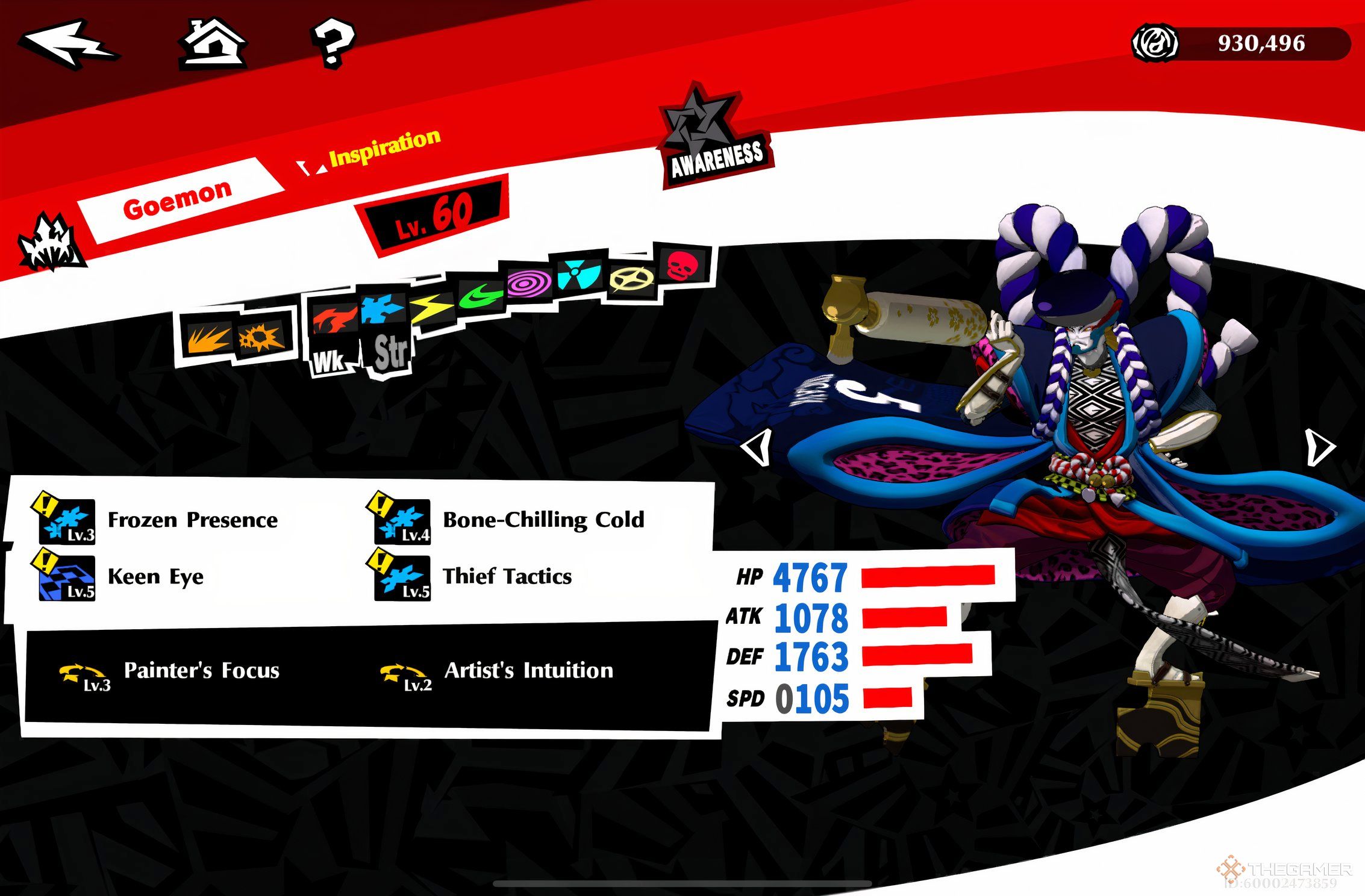 Yusuke's Persona Goemon in Persona 5 The Phantom X with his abilities on the screen.