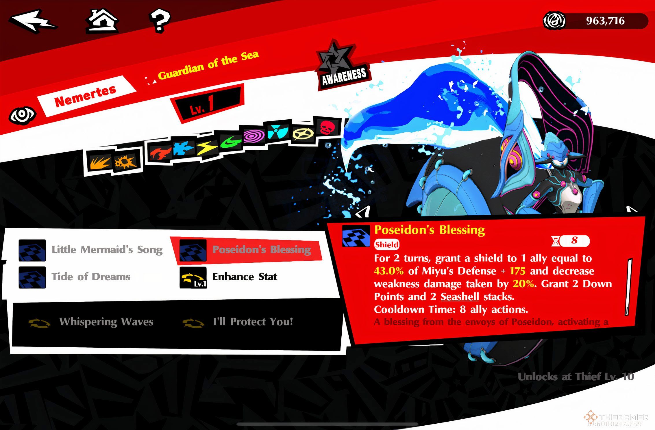 The Persona Nemertes from Miyu on the skill description screen in Persona 5: The Phantom X.